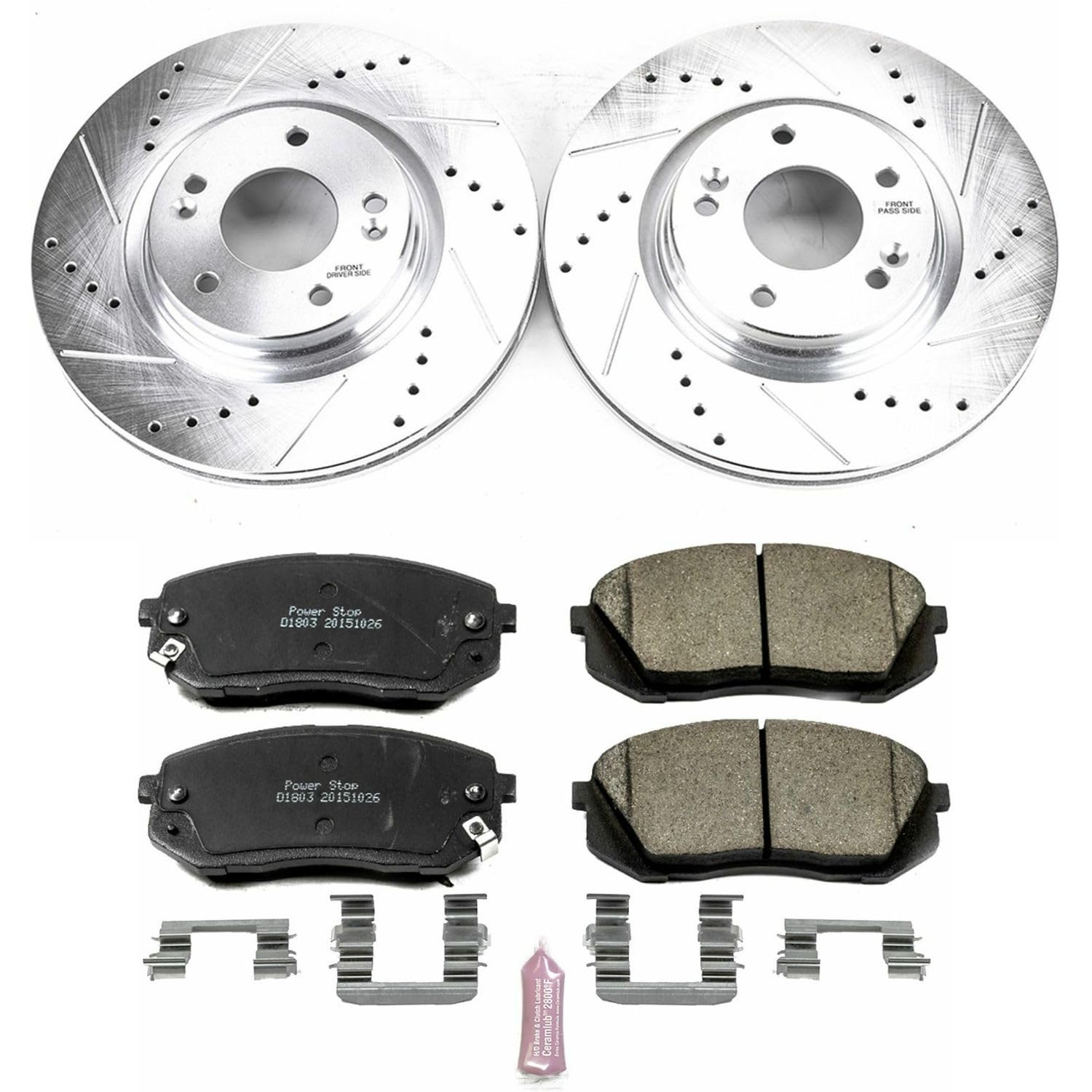 Power Stop K6982 Z23 Carbon Fiber Brake Pads Front with Drilled & Slotted Brake Rotors Kit For Hyundai Sonata 2015 [Model Specific]