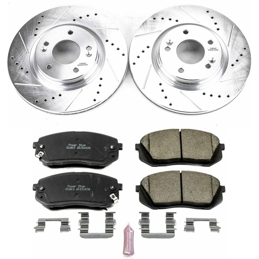 Power Stop K6982 Z23 Carbon Fiber Brake Pads Front with Drilled & Slotted Brake Rotors Kit For Hyundai Sonata 2015 [Model Specific]