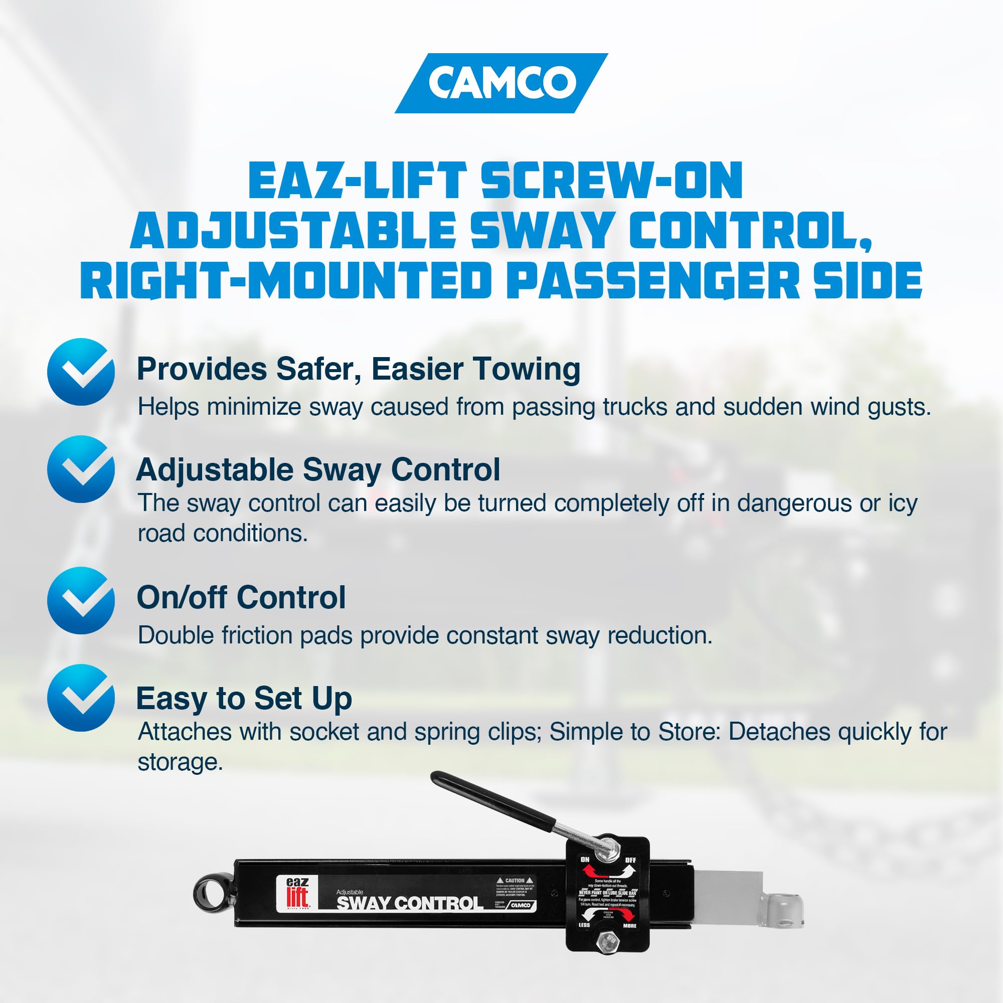 Camco Eaz-Lift Adjustable Sway Control Camper/RV | Features On/Off Control & Double Friction Pads Provide Constant Sway Reduction | Attaches & Detaches Quickly for RV Storage and Organization (48380)