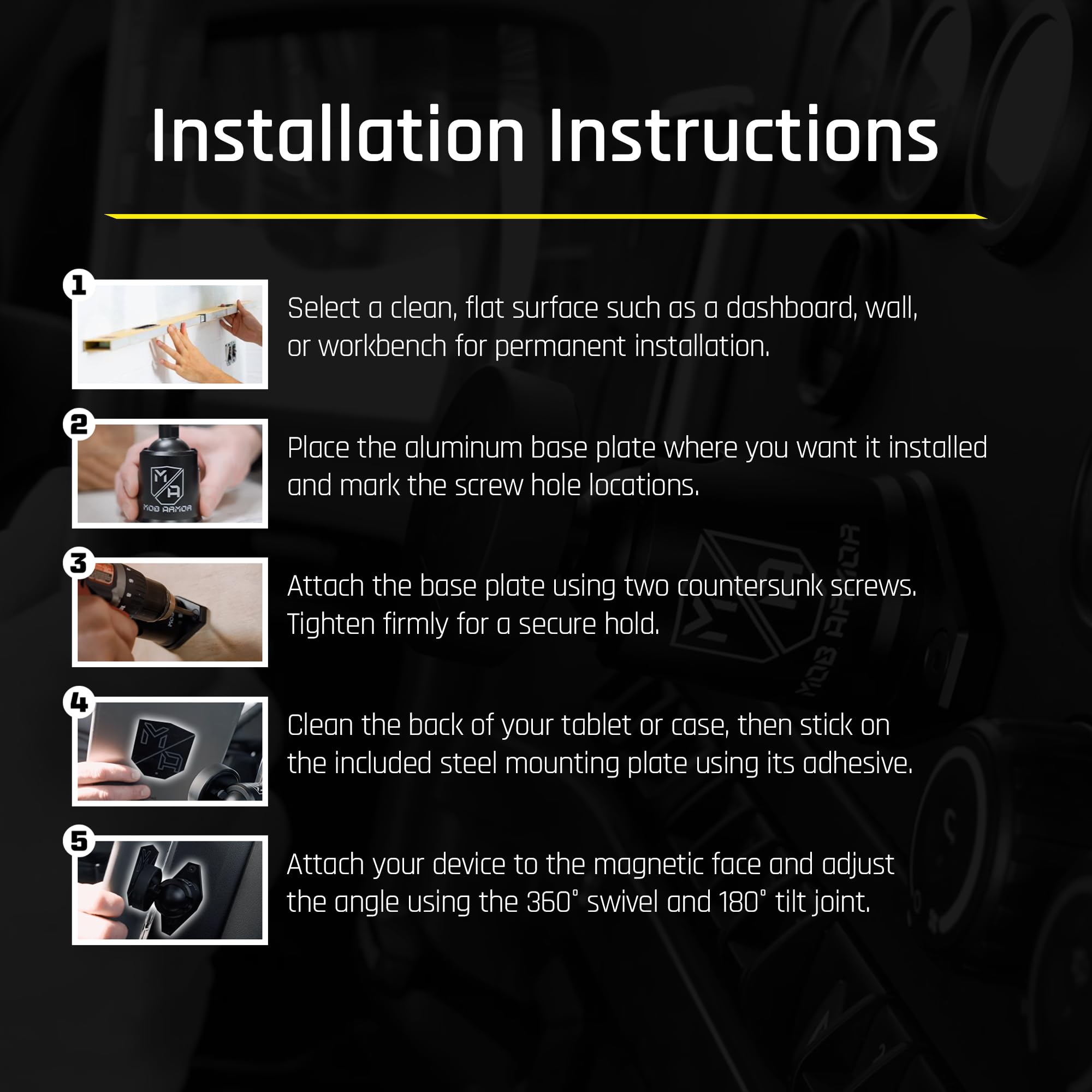 Mob Armor Maxx Tabnetic Direct Mount - Universal Magnetic Tablet Holder for iPad, Android, and Surface - Ideal for Home, Office & Vehicle Use with Flush Low-Profile Design & Bolt-On Installation