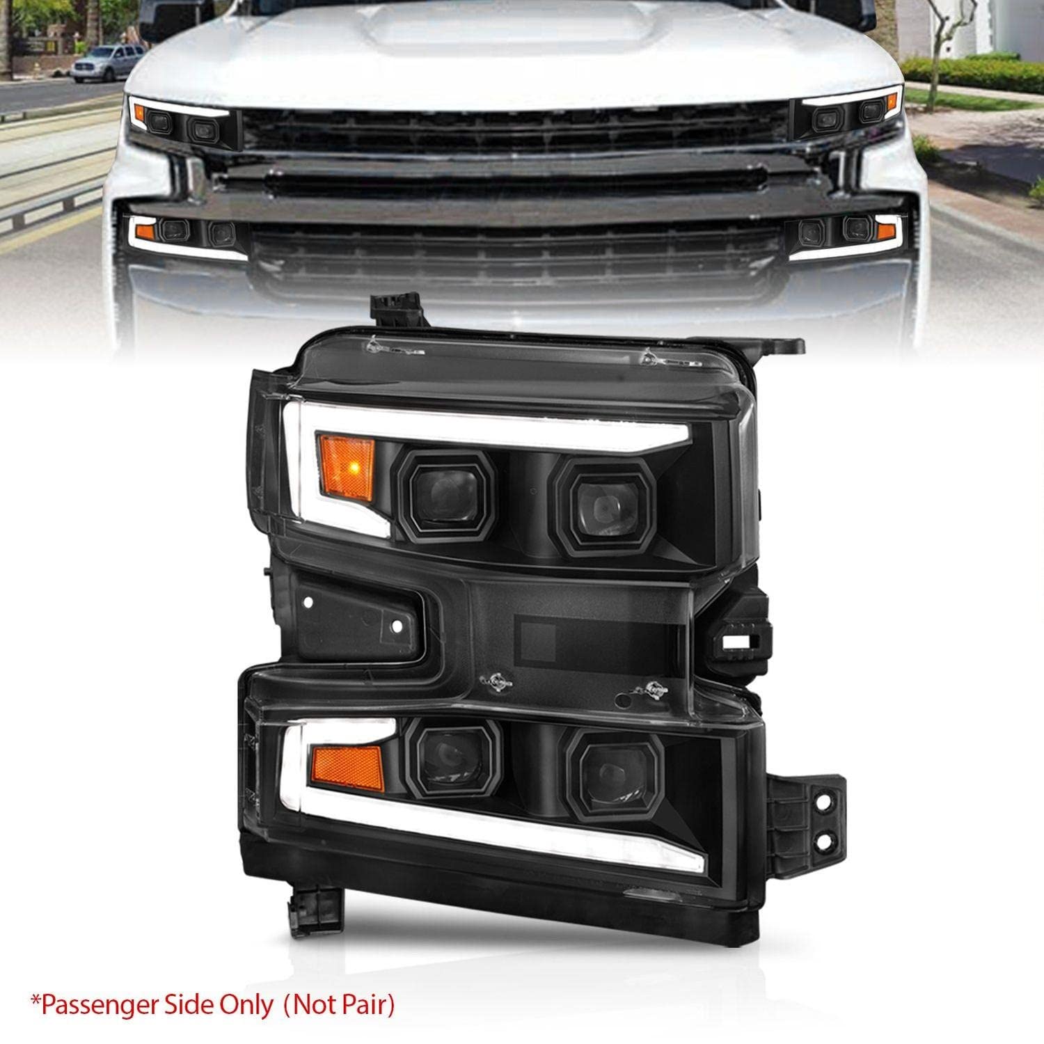 ANZO - 19-22 Chevrolet Silverado 1500 LED Proj HL w/LGT Bar SwBk Seq. Blk w/in. Light - Driver Side ON (111566-L)
