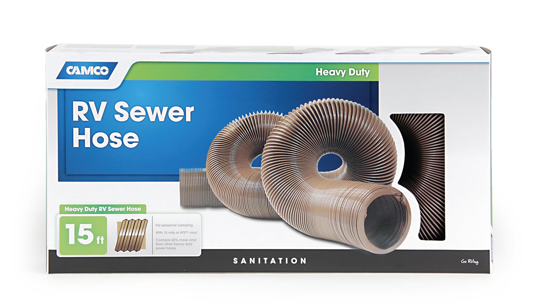 Camco High Tensile Strength Durable Vinyl Sewer Hose with Steel Wire Core – 15’ Hose with 15 mils of HTS Vinyl, Great for Year Round RVing Compresses to 26” for Simple and Easy Storage, Brown (39661)