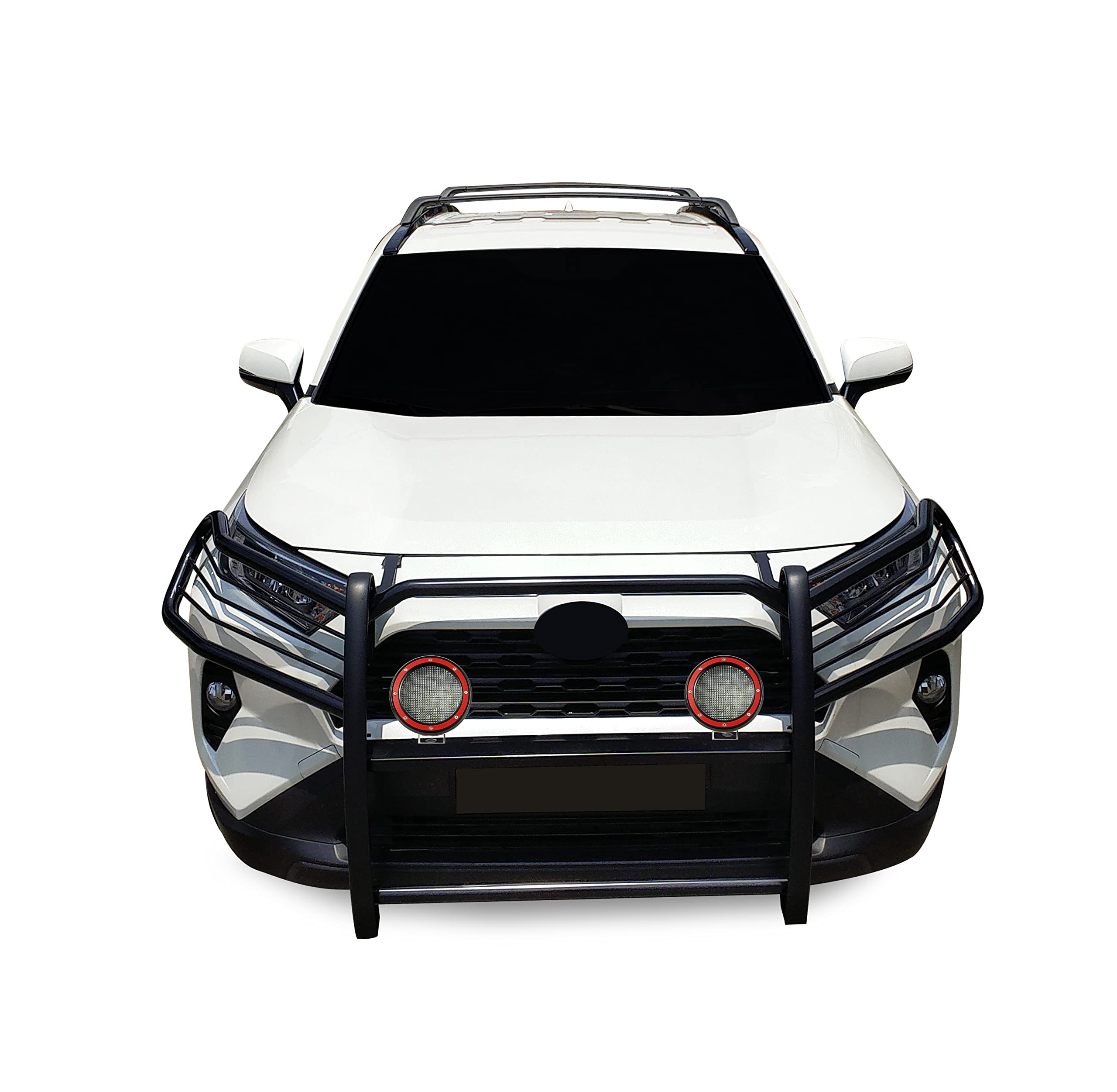 Bumper Guard Black Horse Grille Brush Modular Black Come with Pair of 5.3" Dia.LED Lights with Red Trim Rings Compatible with 2019-2024 Toyota RAV4-17A093904MA-PLFR