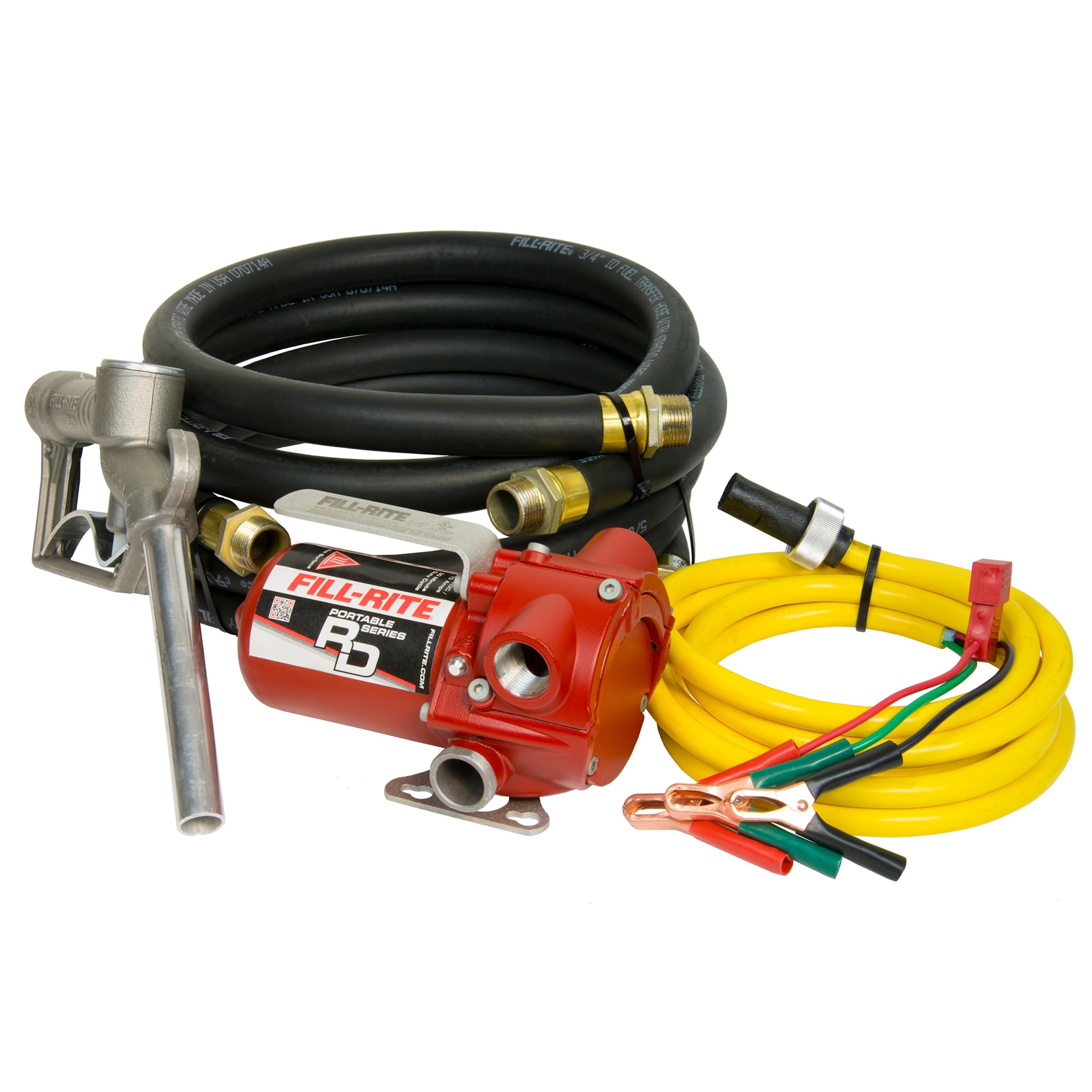 Fill-Rite 12V RD1212NH 12 GPM Portable Fuel Transfer Pump w/Discharge Hose, Manual Nozzle, Power Cable, & Suction Hose