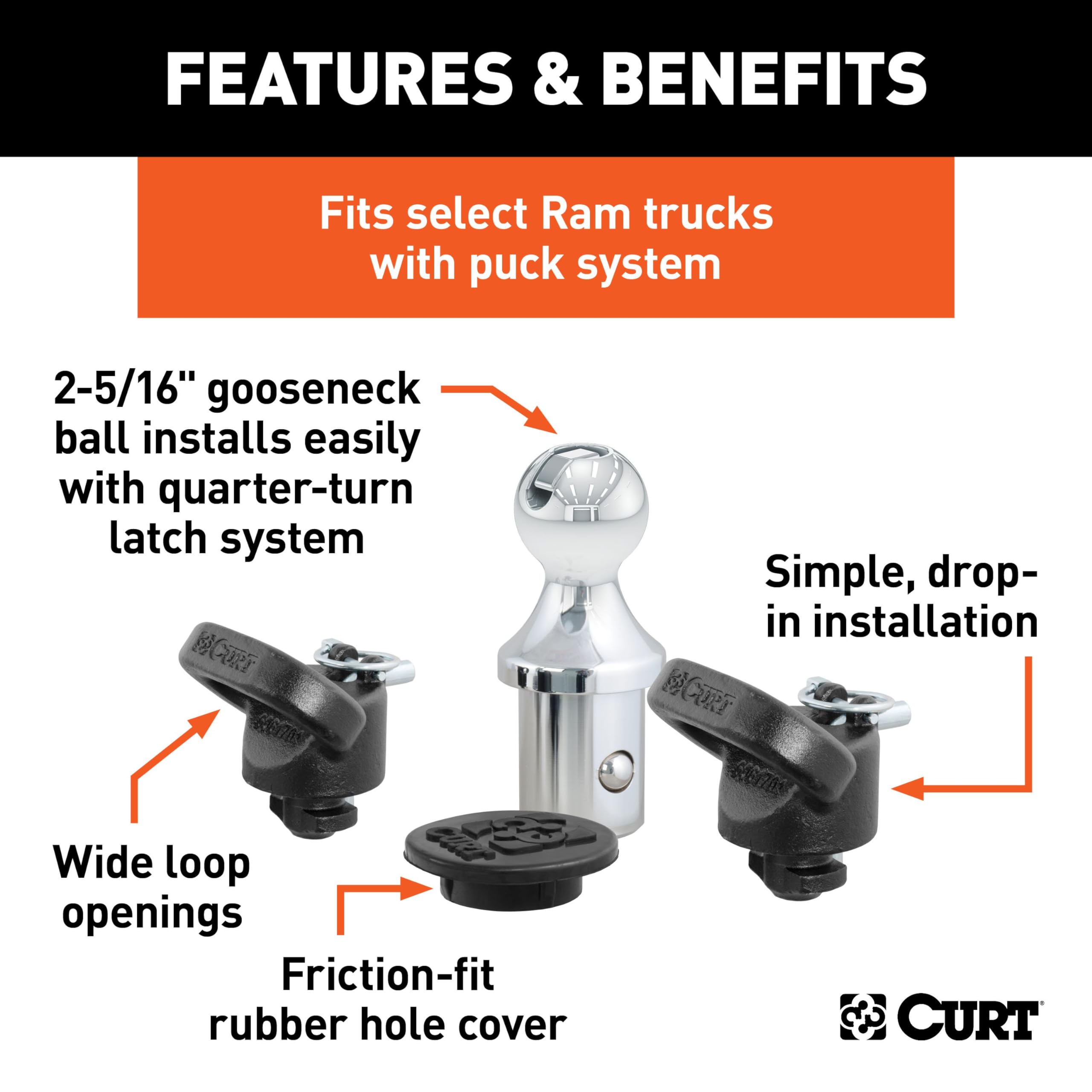CURT 60618 Gooseneck Hitch Kit OEM Puck System, 30K, 2-5/16-In Ball, Fits Select Ram 2500, 3500