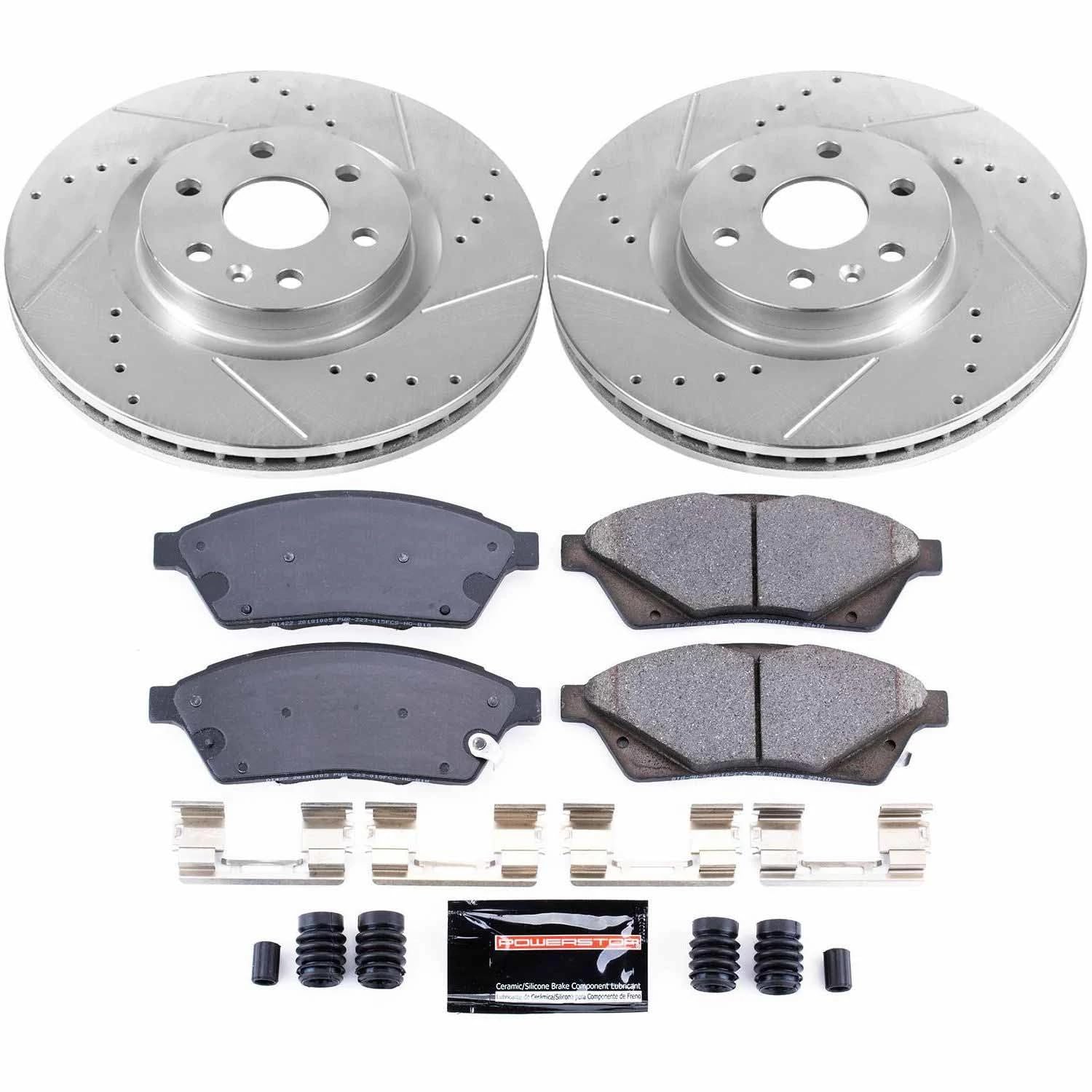 Power Stop K5545 Z23 Carbon Fiber Brake Pads Front with Drilled & Slotted Brake Rotors Kit For Cadillac SRX 2010-2016, Saab 9-4X 2011 [Model Specific]