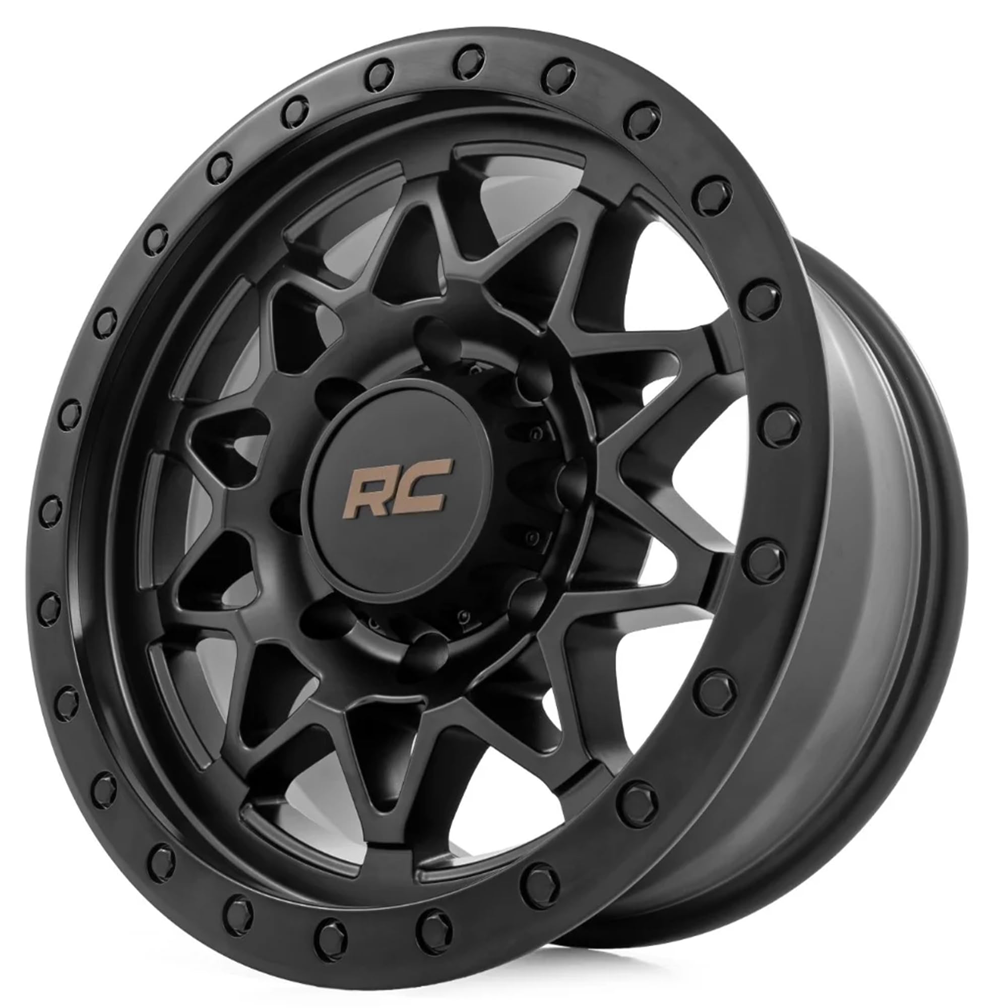 78 Series Rough Country Aluminum Wheel with Simulated Beadlock - 18x9, 8x170mm Bolt Pattern, +0mm Offset, Rugged 10-Spoke Design, Semi Gloss Black