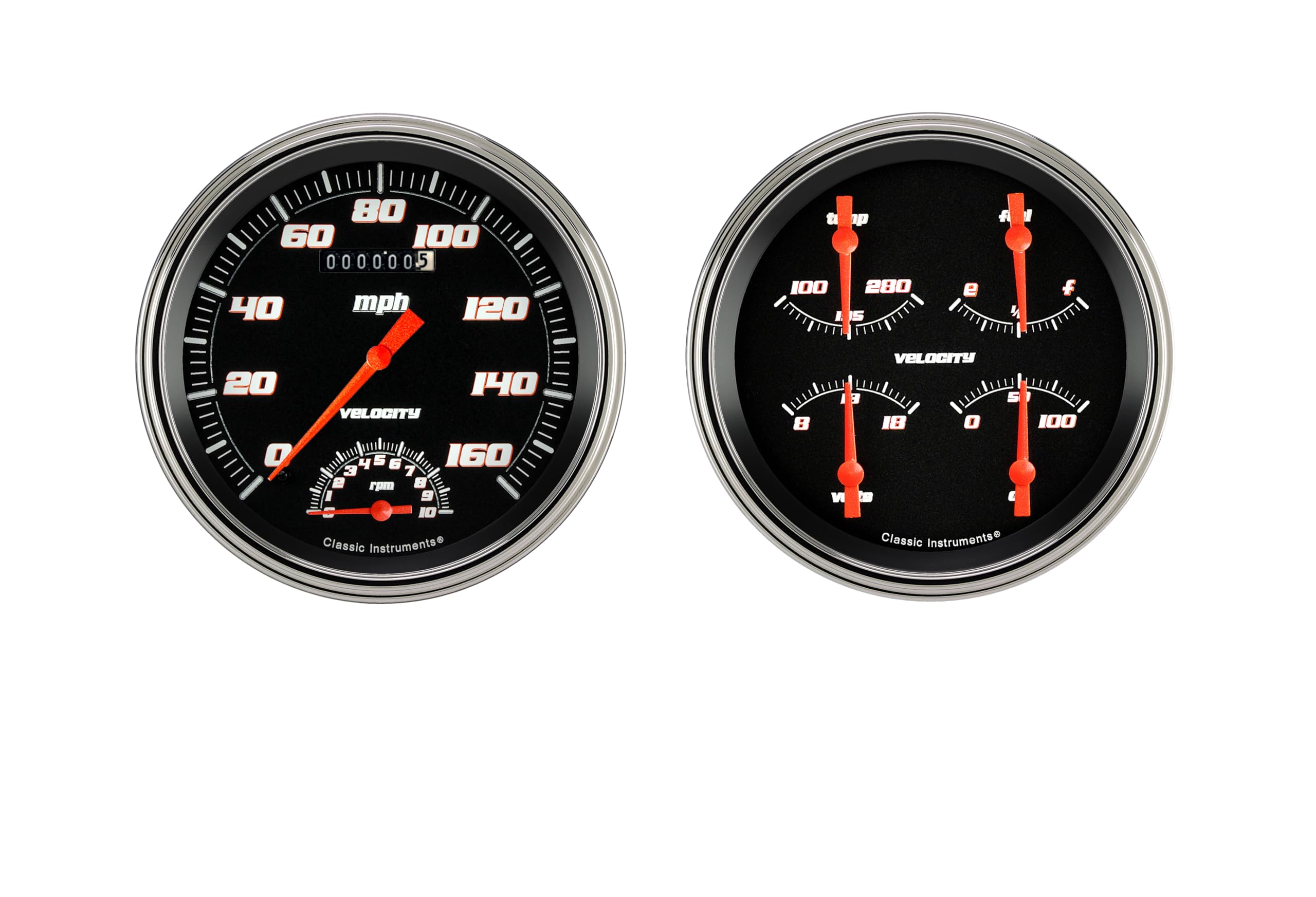 Velocity Black Classic Instruments VS62BSLF SpeedTachometer & Quad Gauge-Gm 4 5/8""