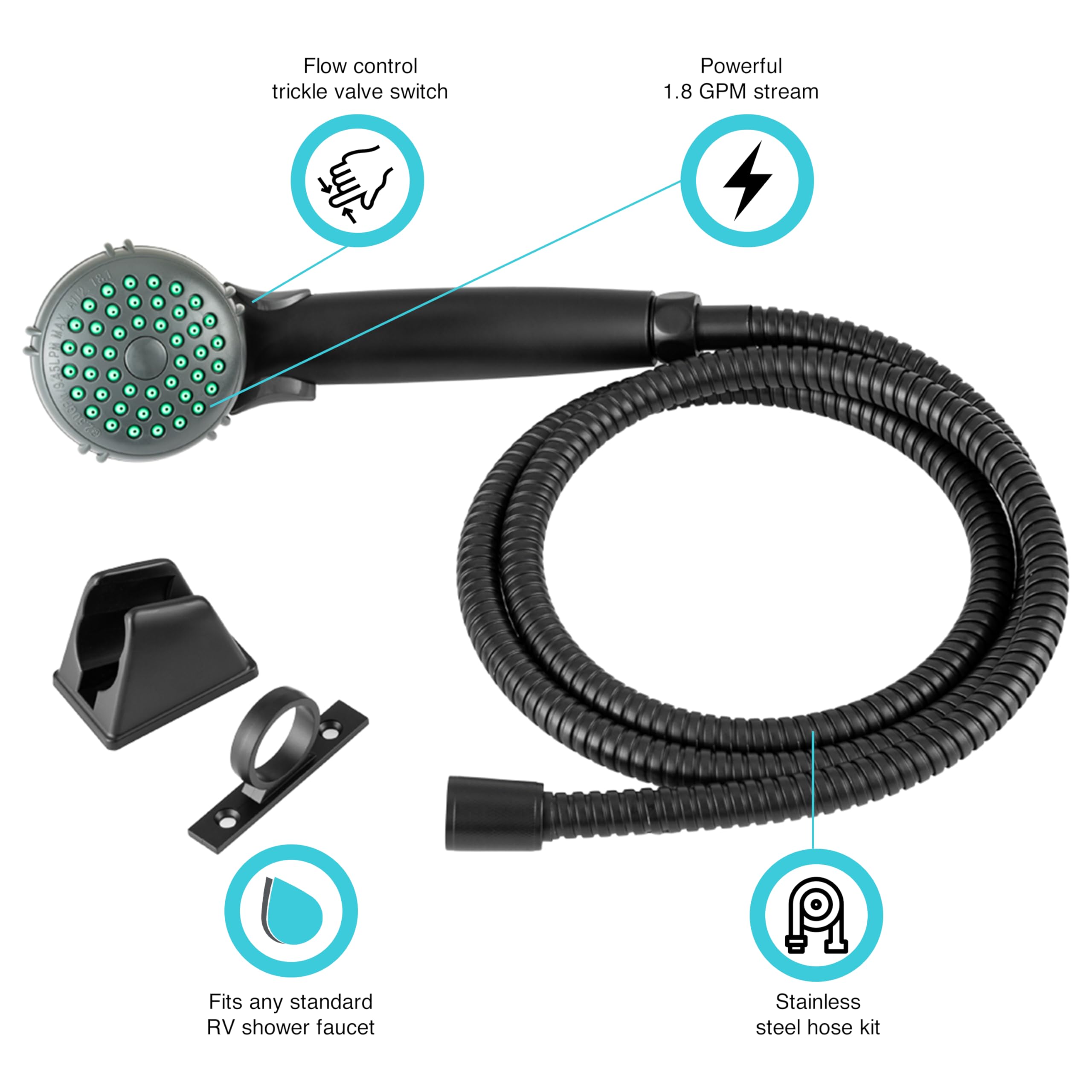 Dura Faucet RV Hand Held Shower Head DF-SA400K-MB, Stainless Steel Hose Kit (Matte Black)