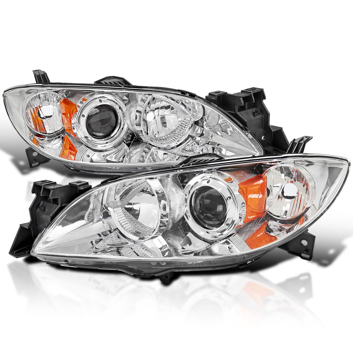 Chrome Halogen Projector Headlights SPEC-D TUNING Compatible with 2004-2009 Mazda 3 4Dr Sedan, Left + Right Pair Headlamps Assembly