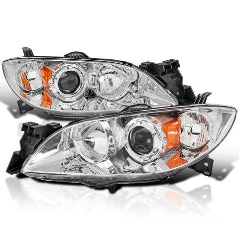Chrome Halogen Projector Headlights SPEC-D TUNING Compatible with 2004-2009 Mazda 3 4Dr Sedan, Left + Right Pair Headlamps Assembly