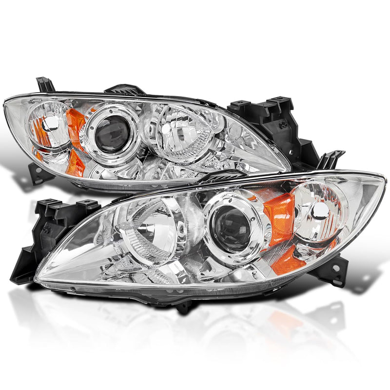 Chrome Halogen Projector Headlights SPEC-D TUNING Compatible with 2004-2009 Mazda 3 4Dr Sedan, Left + Right Pair Headlamps Assembly