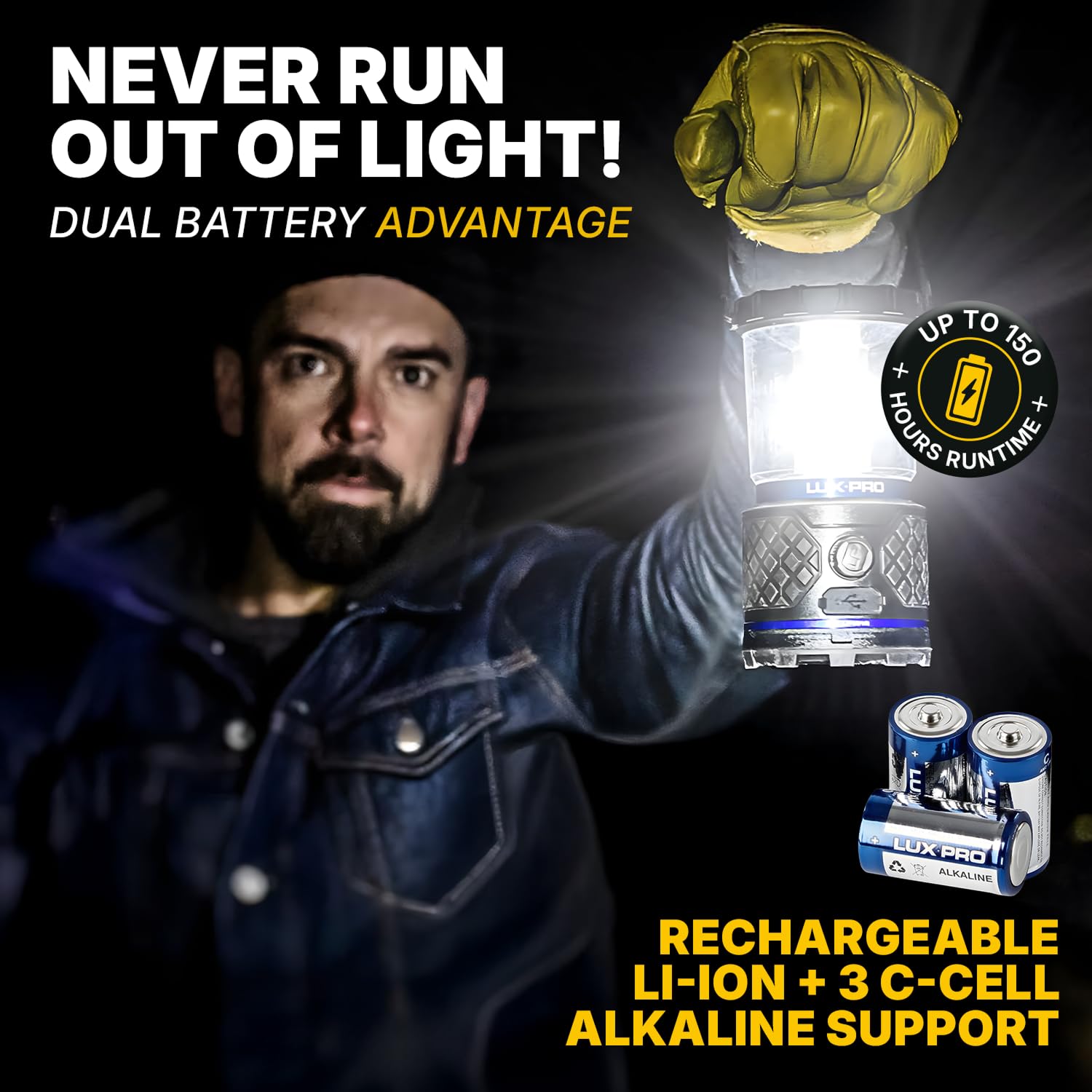 Dual-Power LUXPRO Rechargeable 1100 Lumen LED Lantern for Up to 150 Hours of Use
