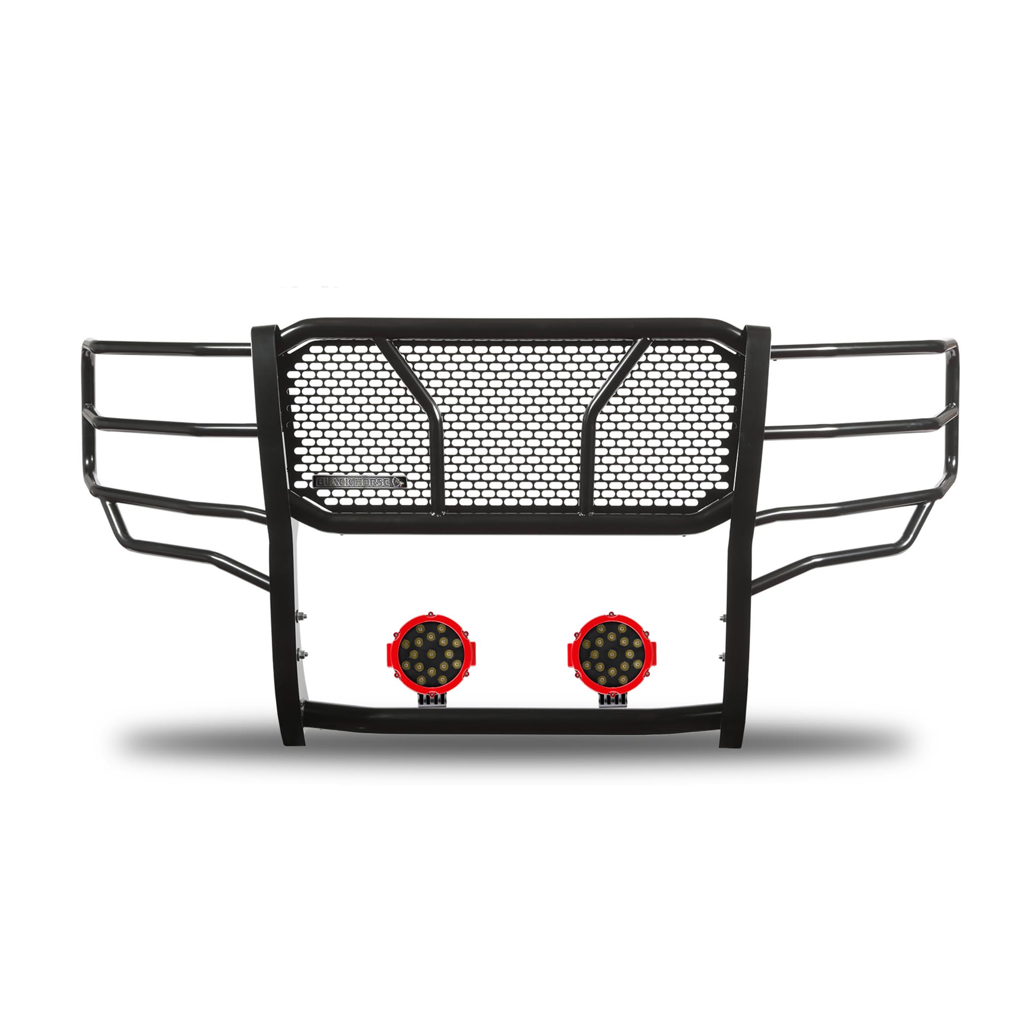 Heavy Duty Black Horse Rugged Grille Brush Bumper Guard Modular Black Come with Pair of 7.0" Dia.LED Lights with Red Trim Rings Compatible with 2015-2019 Silverado 3500 HD/2500 HD-RU-CHSI15-B-PLR
