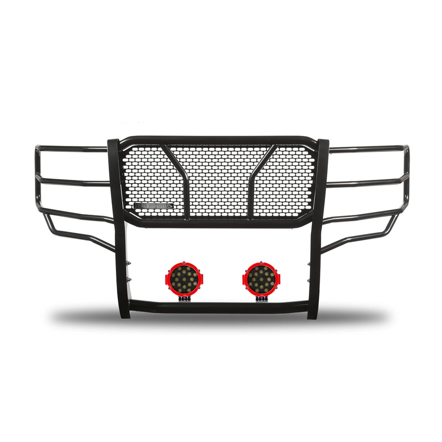 Heavy Duty Black Horse Rugged Grille Brush Bumper Guard Modular Black Come with Pair of 7.0" Dia.LED Lights with Red Trim Rings Compatible with 2015-2019 Silverado 3500 HD/2500 HD-RU-CHSI15-B-PLR