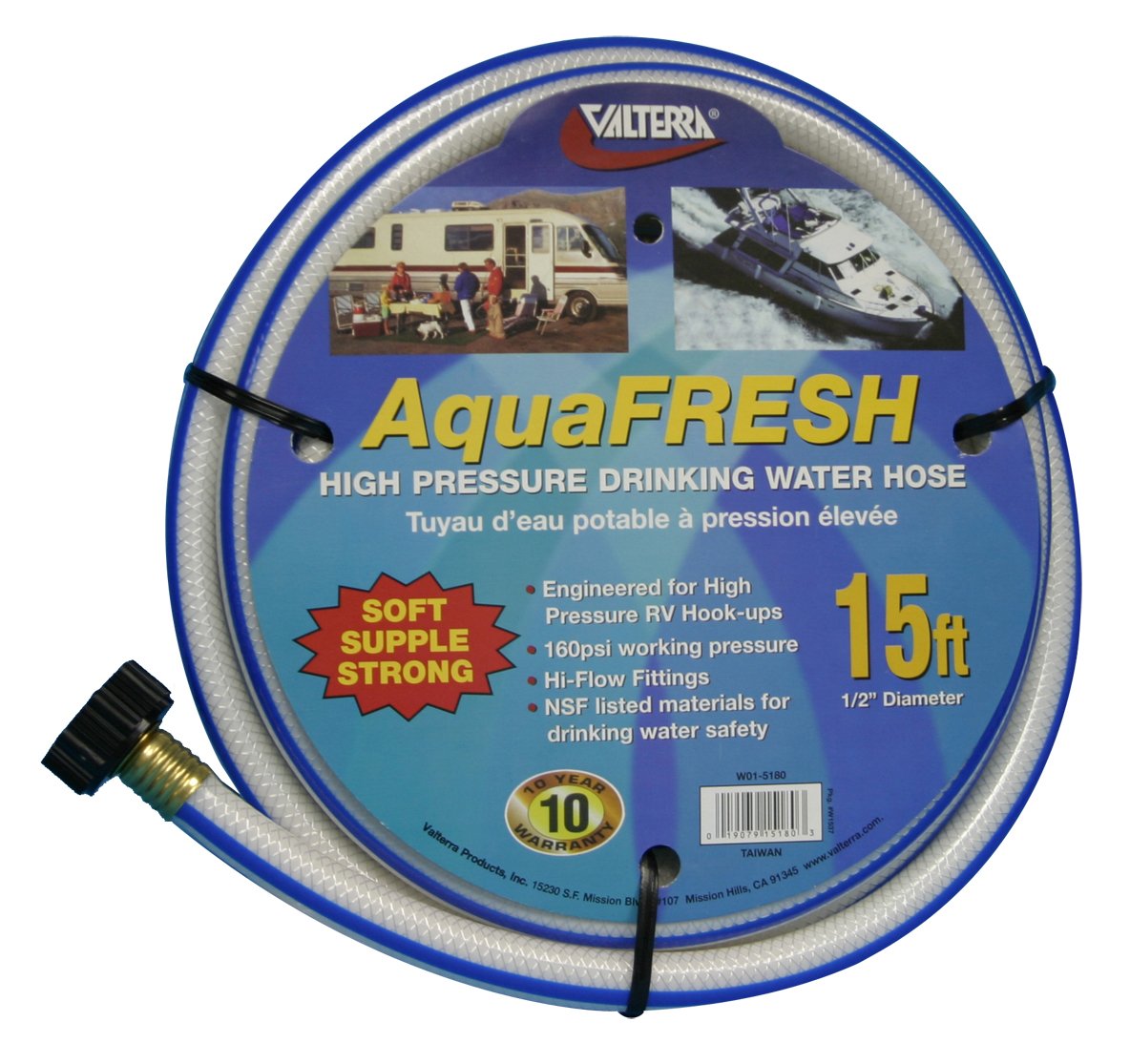 Valterra High Pressure AquaFresh Drinking Water Hose, Water Hose Hookup for RV - 1/2" x 15', White