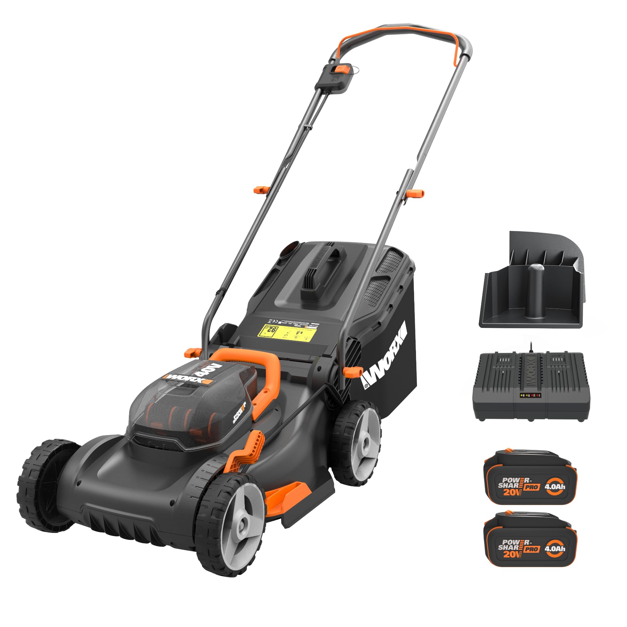17" WORX Cordless Lawn Mower, 2 in 1 Electric Mower Cuts Quietly, Compact & Lightweight Push Lawn Mower with 7-Position Height Adjustment for Small Yards, 2 Batteries & Charger Included, WG743