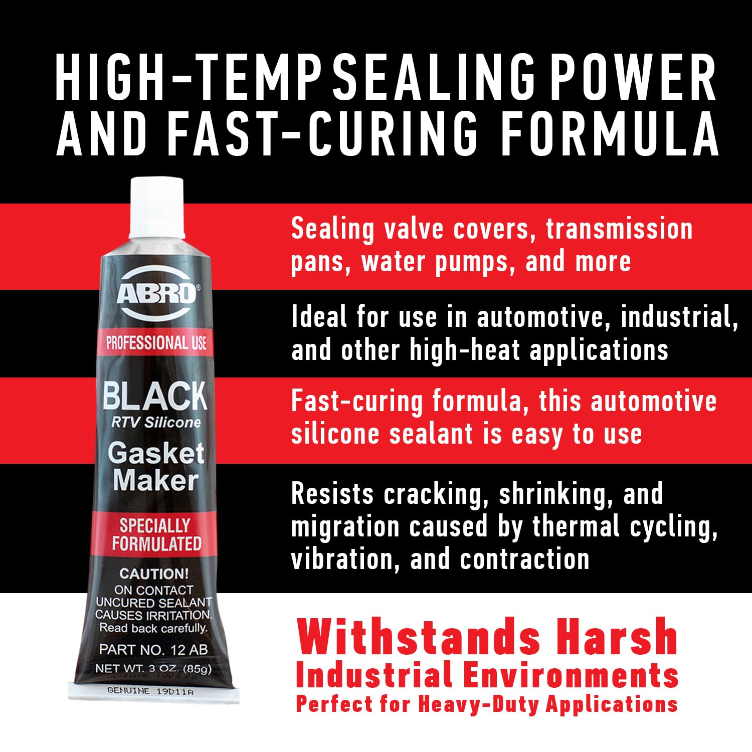 RTV Silicone Sealant and Gasket Maker ABRO: Up to 500 Degree F Heat, High Temp Silicone Sealant, 3 oz/85g Tube - Black