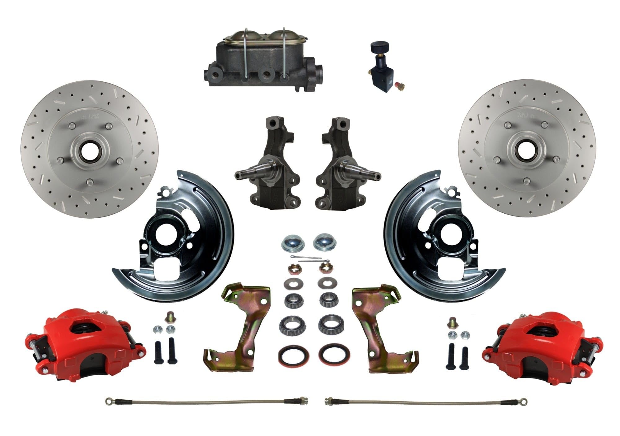Brakes Leed Manual Front Disc Brake Kit 2" Drop Spindle Drilled And Slotted Rotors Red Powder Coated Calipers Cast Iron M/C Adjustable Proportioning Valve