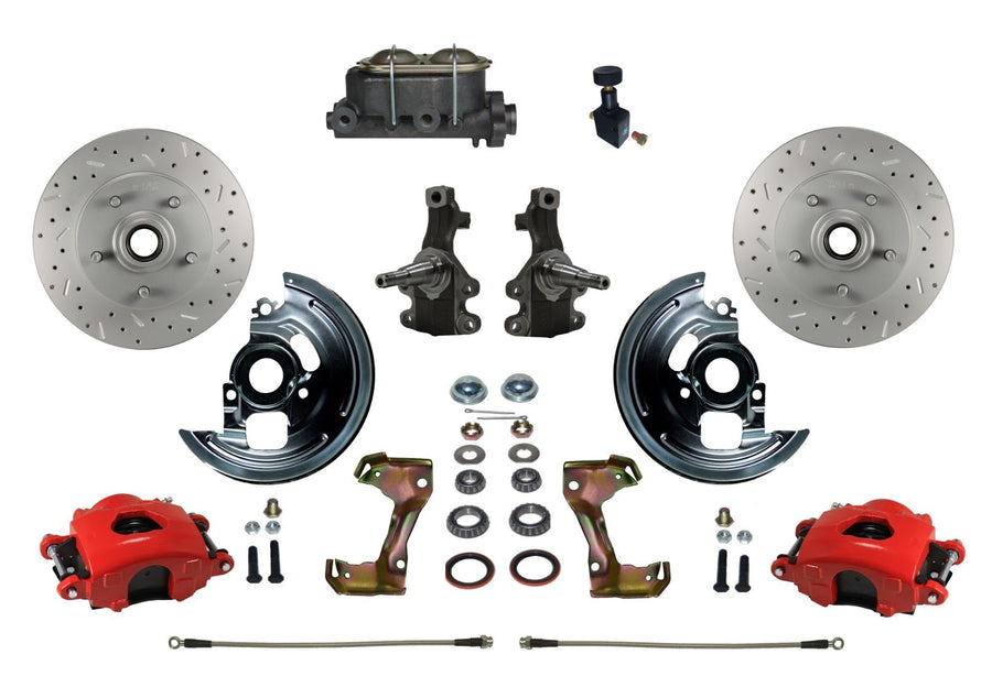 Brakes Leed Manual Front Disc Brake Kit 2" Drop Spindle Drilled And Slotted Rotors Red Powder Coated Calipers Cast Iron M/C Adjustable Proportioning Valve