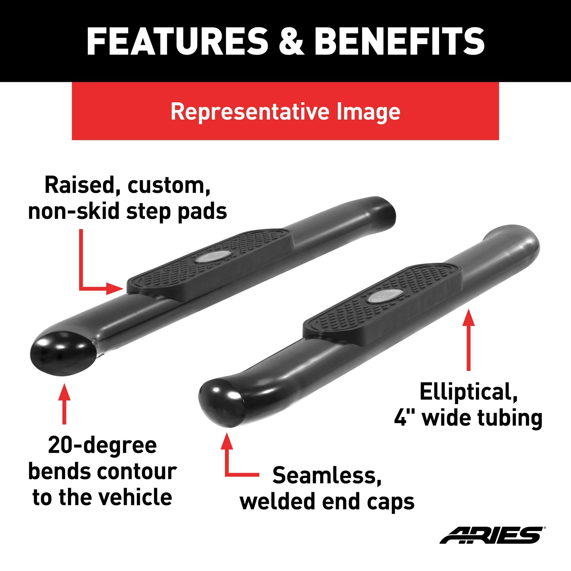 4-Inch ARIES Black Steel Oval Nerf Bars, Select Dodge, Ram 1500, 2500, 3500