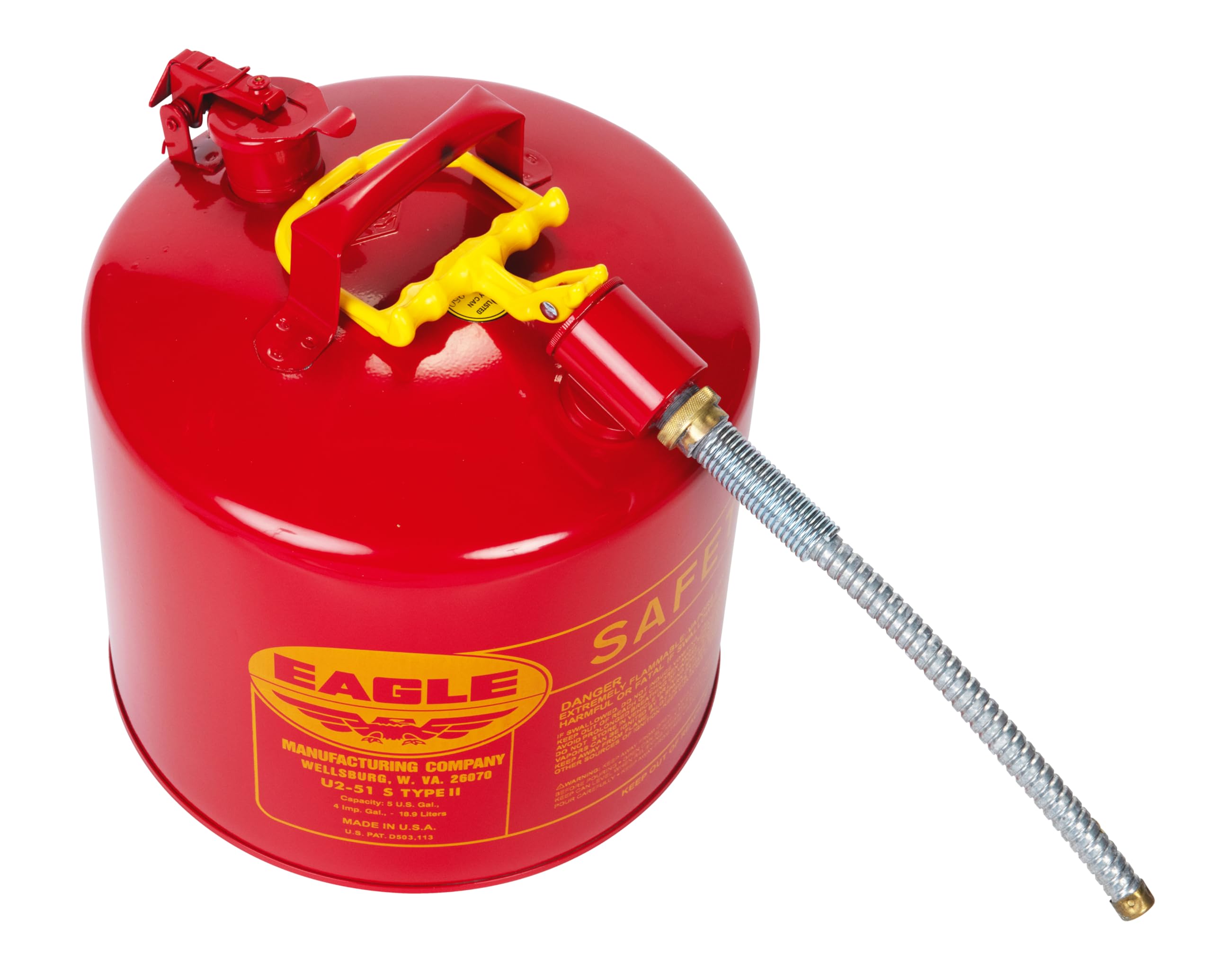 Eagle 5 Gallon Red Type II Safety Gas Can for Gasoline with Flame Arrester, Self-Closing Lid, and 12" x 7/8" Flexible Metal Hose, Made in the USA, Galvanized Steel Flammable Storage Can, U251S