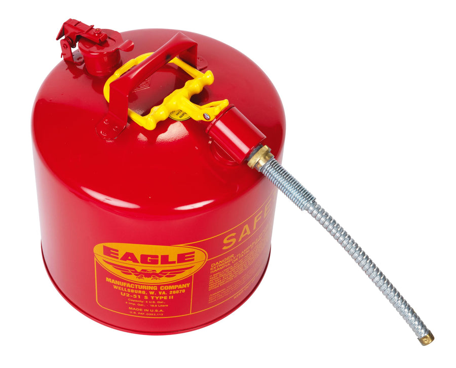 5 Gallon Eagle Type II Red Safety Gas Can for Gasoline with Flame Arrester, Self-Closing Lid, and 12" x 5/8" Flexible Metal Hose, Made in the USA, Galvanized Steel Flammable Storage Can, U251SX5