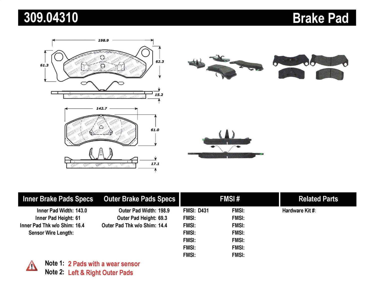Sport Brake Pads StopTech 309.04310 with Shims and Hardware