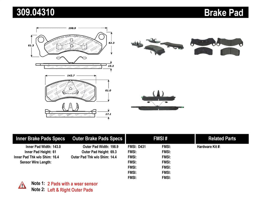 Sport Brake Pads StopTech 309.04310 with Shims and Hardware