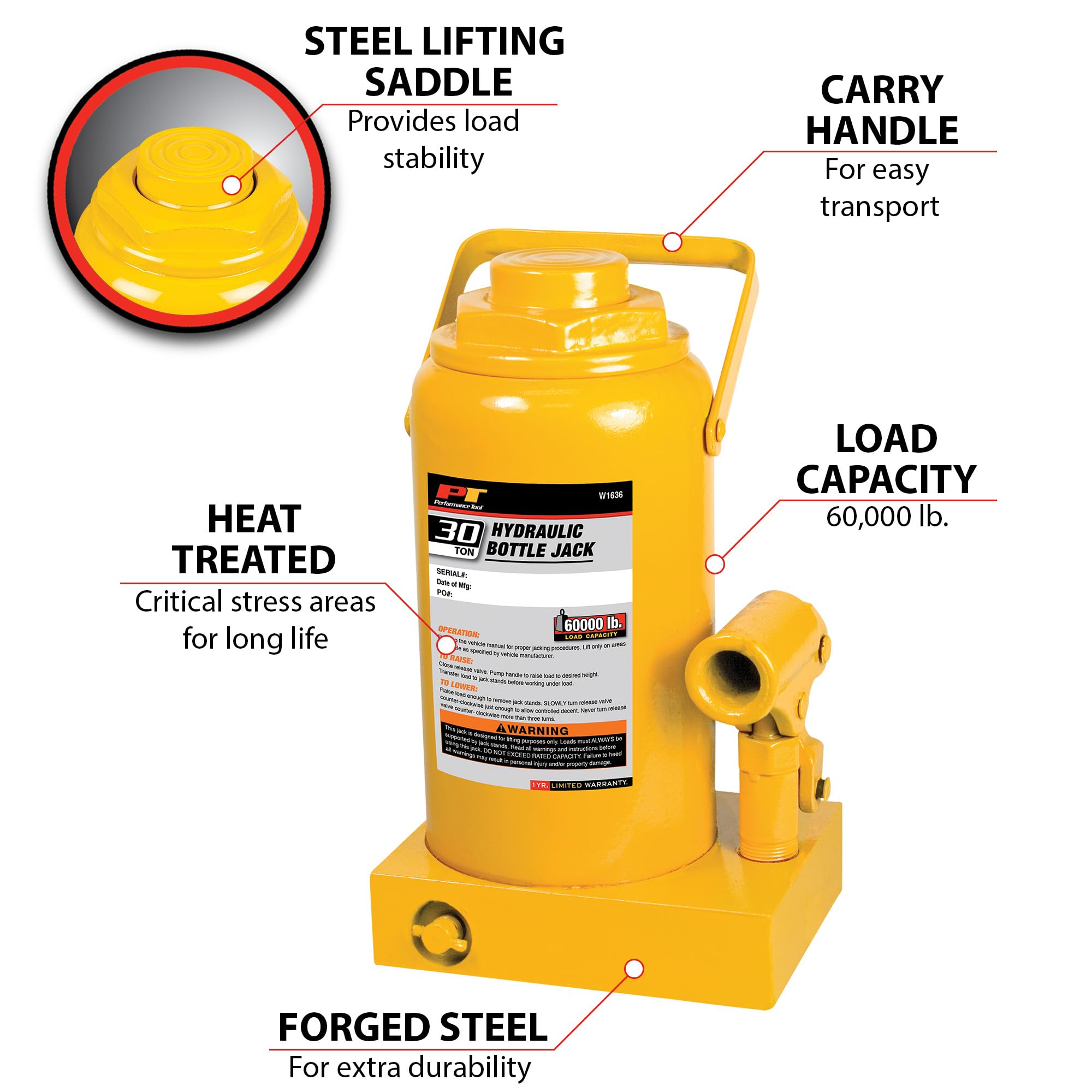 30 Ton Performance Tool W1636 Heavy Duty Hydraulic Bottle Jack, Range: 11 1/4-Inch to 18 1/4-Inch (60,000 lbs.)