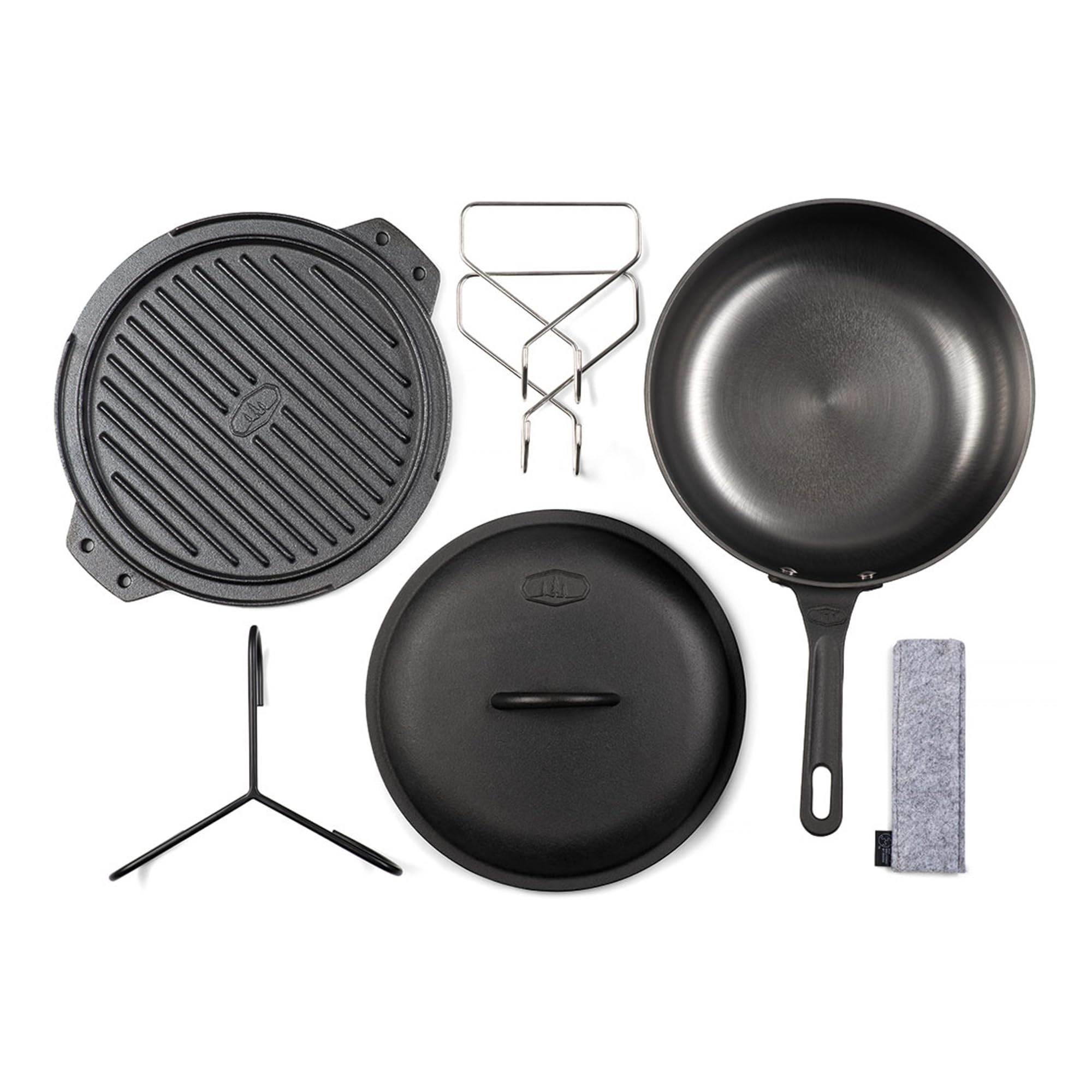 GSI Outdoors Outdoor Cookset Guidecast: 10" Deep Frypan with Dome Lid, Dual-Sided Cast Iron Griddle/Grill, Removable Handles
