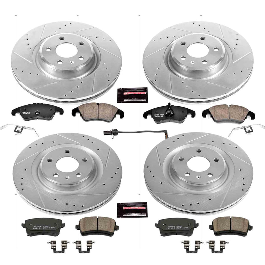 Power Stop K6143 Z23 Carbon Fiber Brake Pads Front and Rear with Drilled & Slotted Brake Rotors Kit and 1 Front Sensor Wire