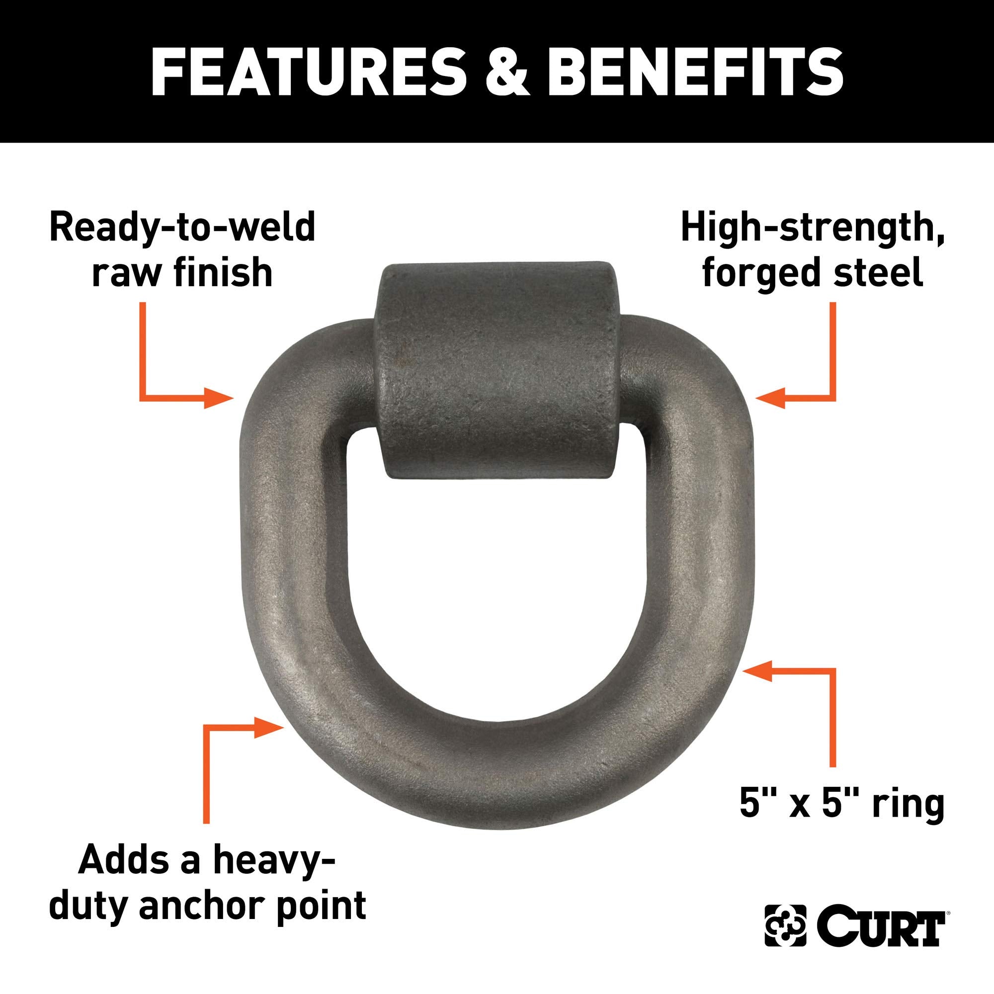CURT 5 x 5-Inch Weld-On Trailer D-Ring Tie Down Anchor, 46,760 lbs Break Strength, Raw