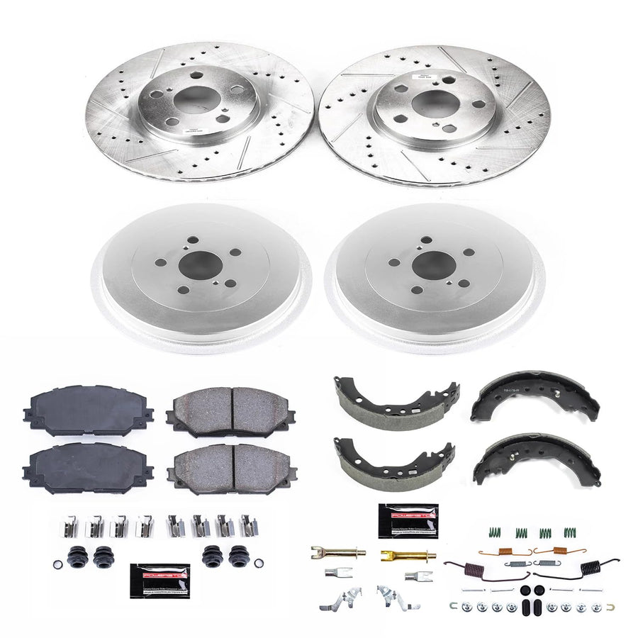 Power Stop K15260DK Z23 Carbon Fiber Brake Pads Front and Rear with Drilled Slotted Brake Rotors with Drums and Shoes Brake Kit For 2009 2010 2011 2012 2013 - 2019 Toyota Corolla [Rear Drum Models]