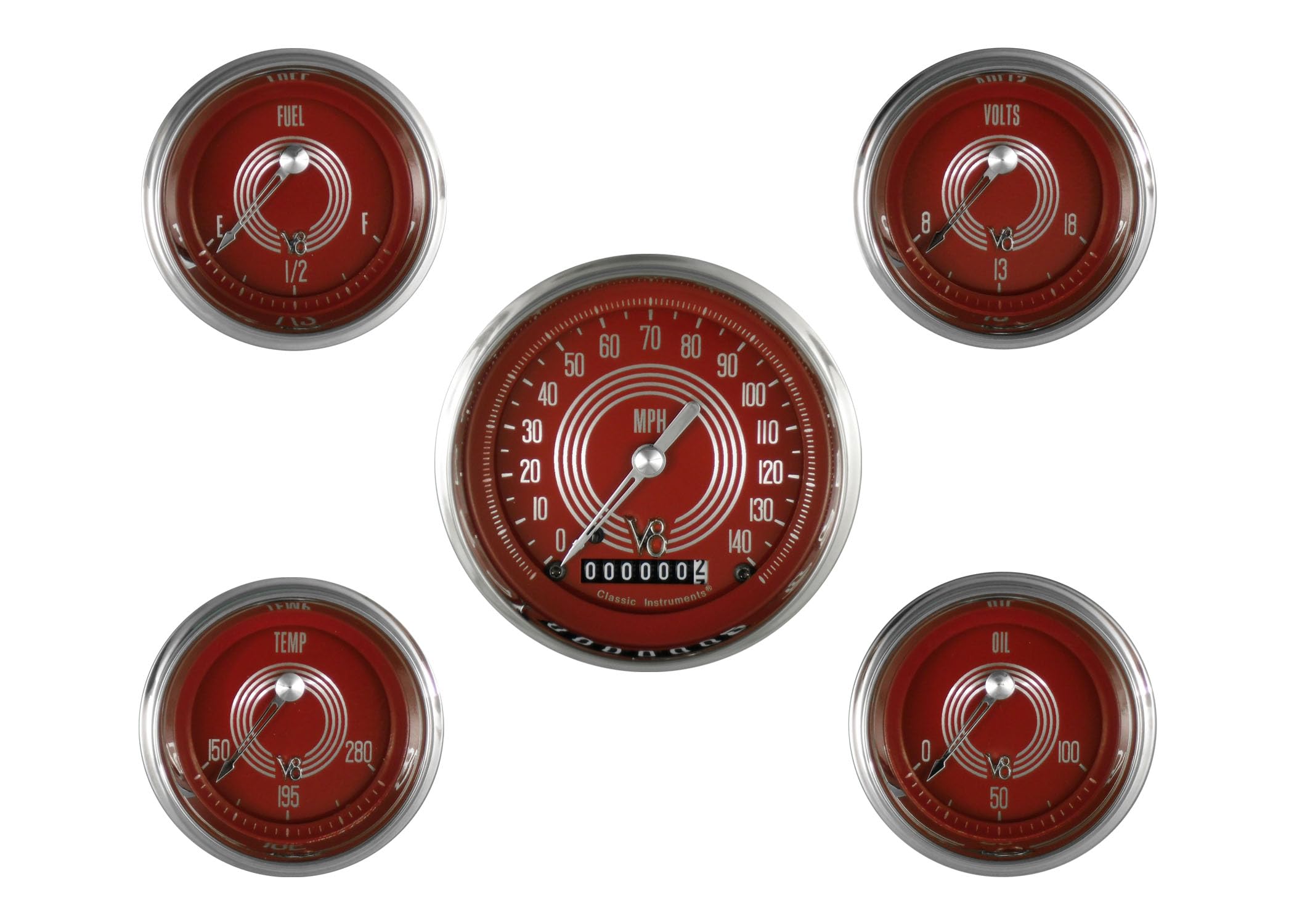 V8RS00SHC Classic Instruments V8 Red Steelie Five Gauge Set