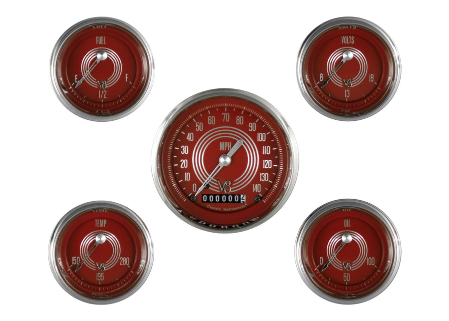 V8RS00SHC Classic Instruments V8 Red Steelie Five Gauge Set