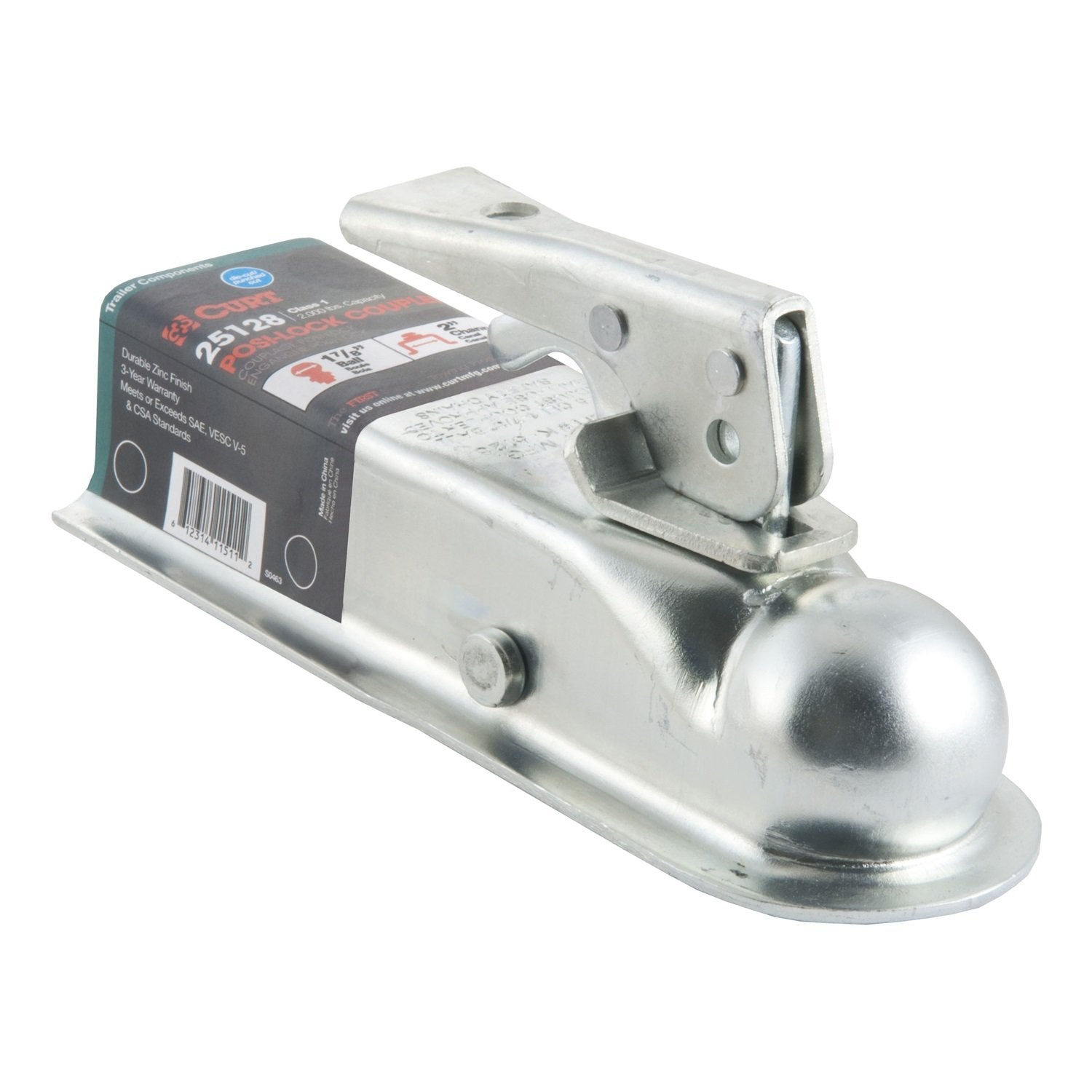 CURT Straight Tongue Trailer Coupler for 1-7/8-In Hitch Ball, 2-Inch Channel, 2,000 lbs