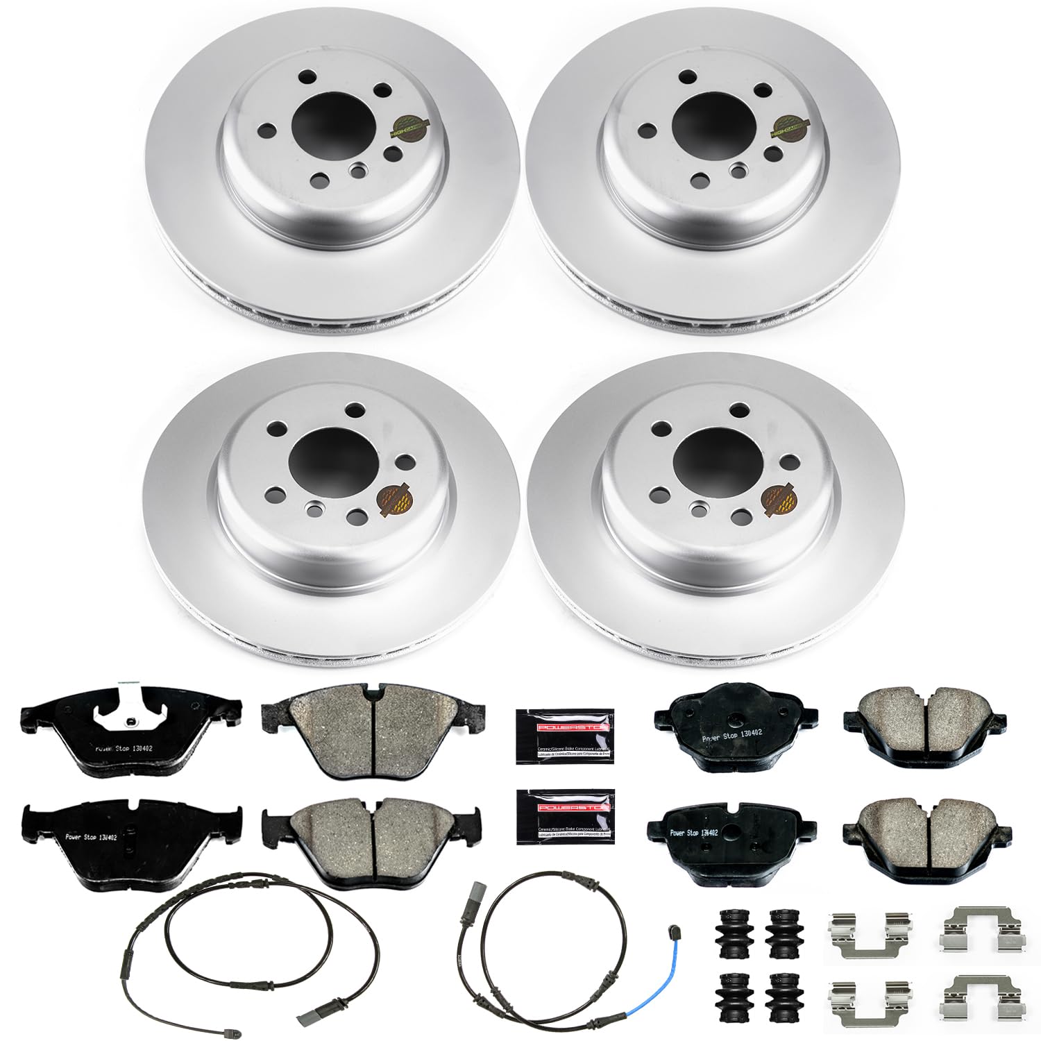 Power Stop CRK6023 Front and Rear Brake Kit- Coated Brake Rotors & Z23 Carbon-Fiber Ceramic Brake Pads and 1 Front & 1 Rear Sensor Wires