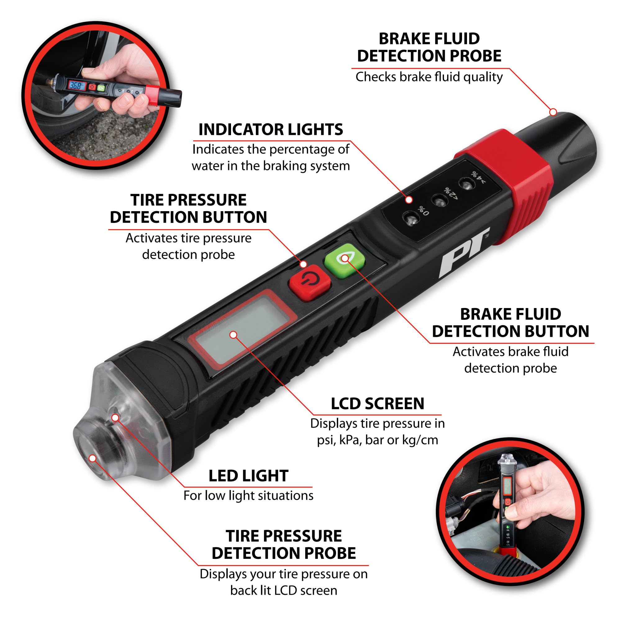 2-1 Performance Tool W183 Brake Fluid and Tire Pressure Tester - Accurately Measure Your Vehicle's Brake Fluid and Tire Pressure Levels with Ease