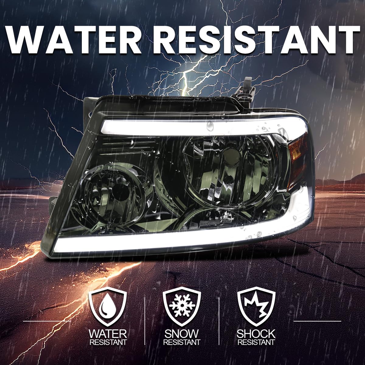 Smoke Headlights w/LED Bar Strip SPEC-D TUNING Compatible with 2004-2008 Ford F-150, 2006-2008 Lincoln Mark LT L+R Pair Head Light Lamp Assembly