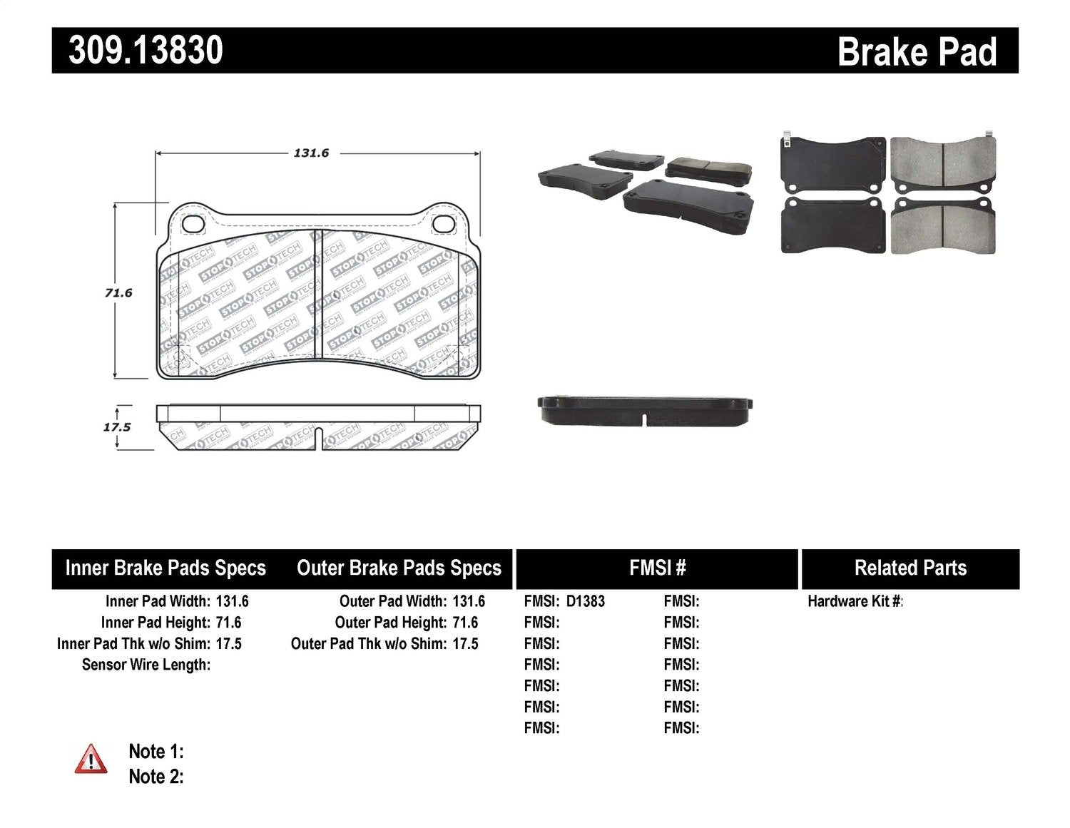 Sport Brake Pads StopTech 309.13830 with Shims and Hardware