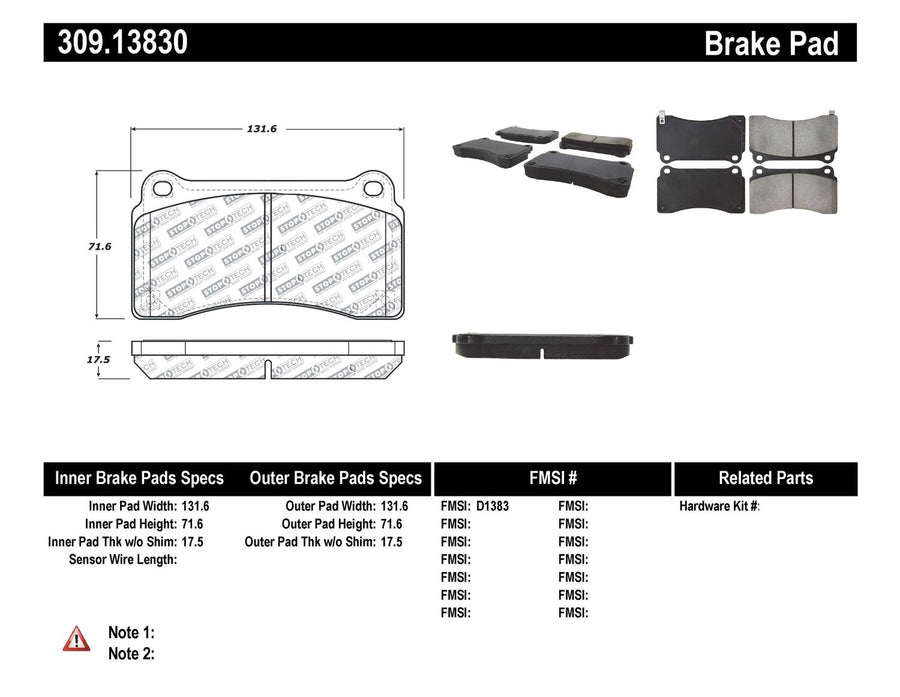 Sport Brake Pads StopTech 309.13830 with Shims and Hardware