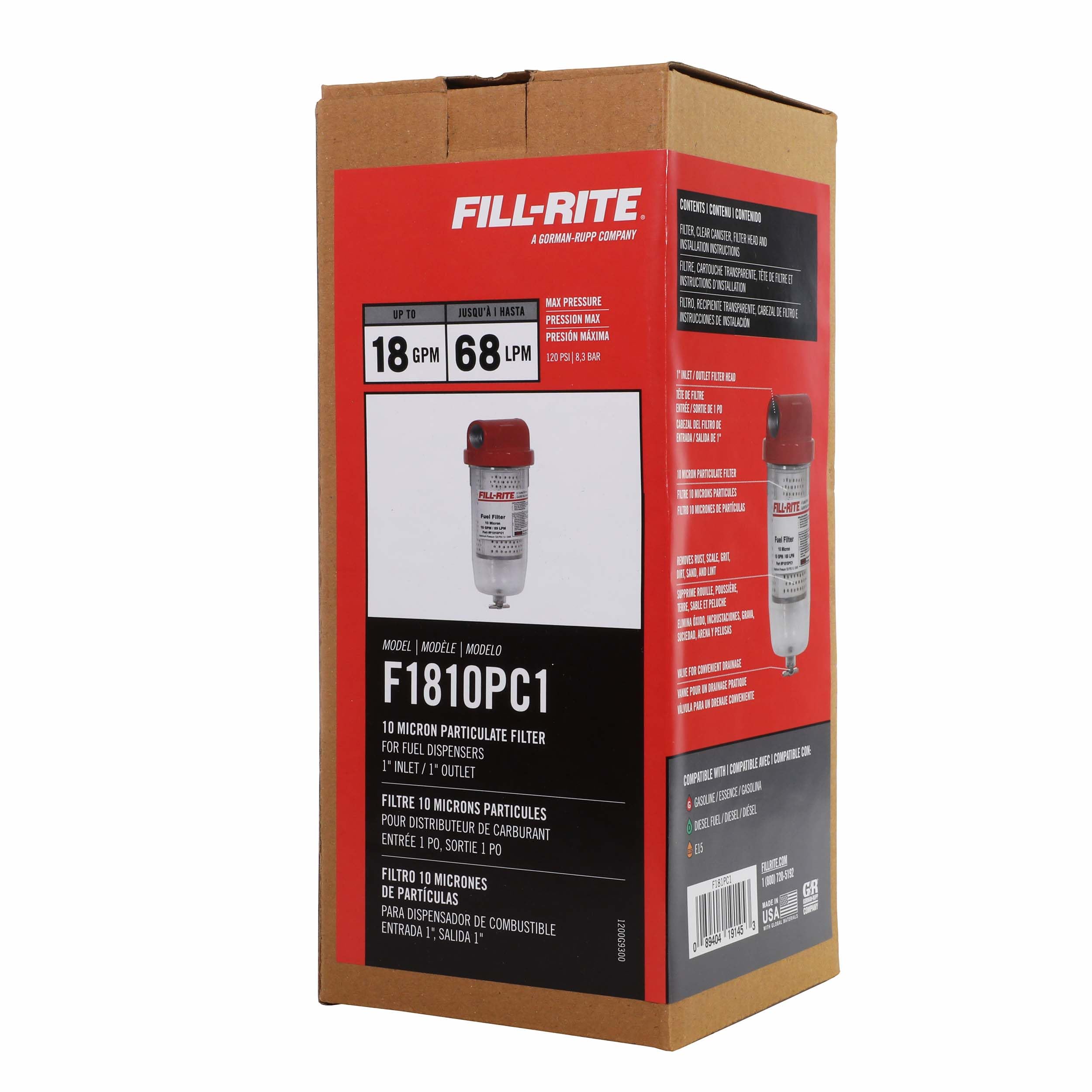 Fill-Rite 1" F1810PC1 18 GPM (68 LPM) 10 Micron Particulate Fuel Filter with Drain (Clear Bowl)