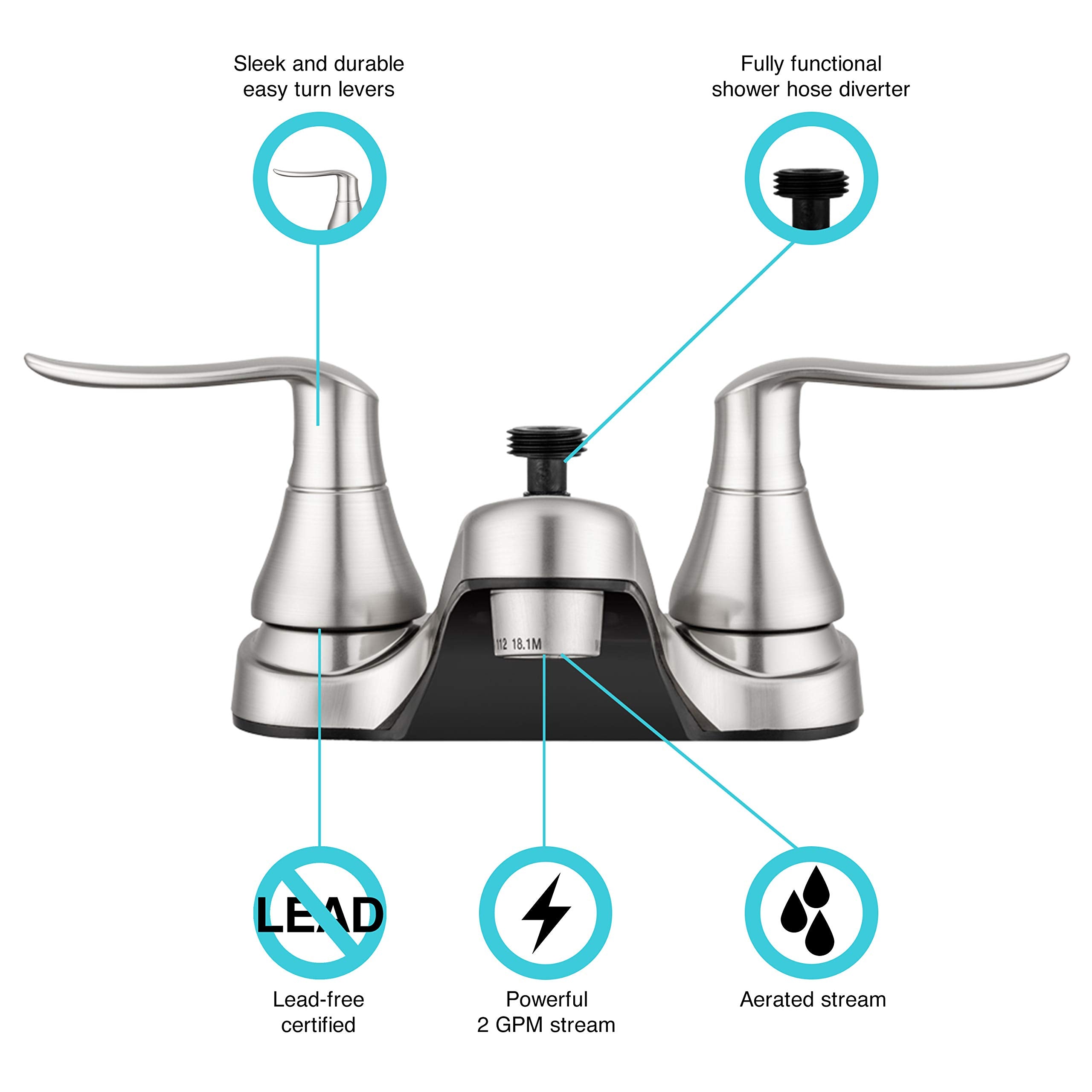 Dura Faucet RV Bathroom Faucet DF-PL720LH-SN with Winged Levers and Shower Hose Diverter (Brushed Satin Nickel)