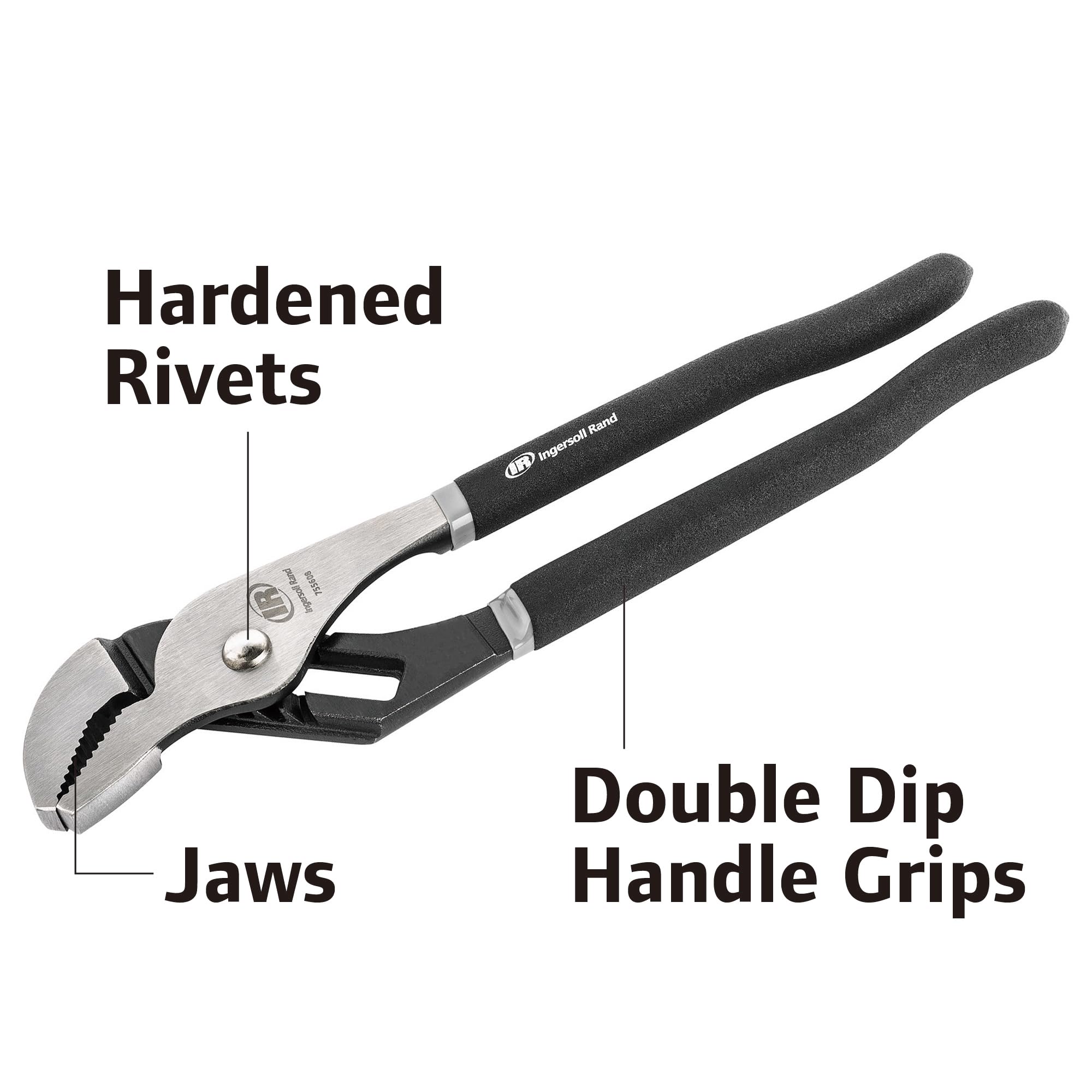 9-1/2" Ingersoll Rand Groove Joint Pliers – Forged Chrome Moly Steel, Precision Machined Jaws, Induction Hardened Cutting Edges, Textured Double-Injection Grip – 755608