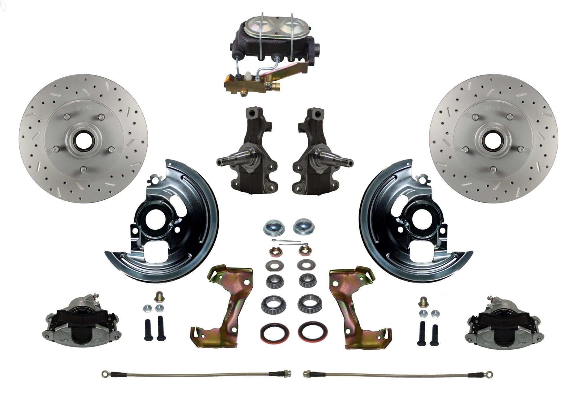 2" Drop Spindle Manual Front Disc Brake Conversion With Cross Drilled And Slotted Rotors M/C Disc/Drum Side Mount