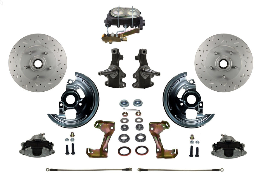 2" Drop Spindle Manual Front Disc Brake Conversion With Cross Drilled And Slotted Rotors M/C Disc/Drum Side Mount