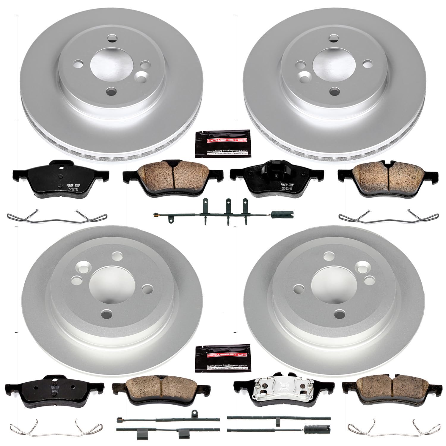 Power Stop Z23 Evolution Geomet Coated Brake Kit Front and Rear and 1 Front & 1 Rear Sensor Wires For Mini Cooper 2002-2006 [Model Specific]