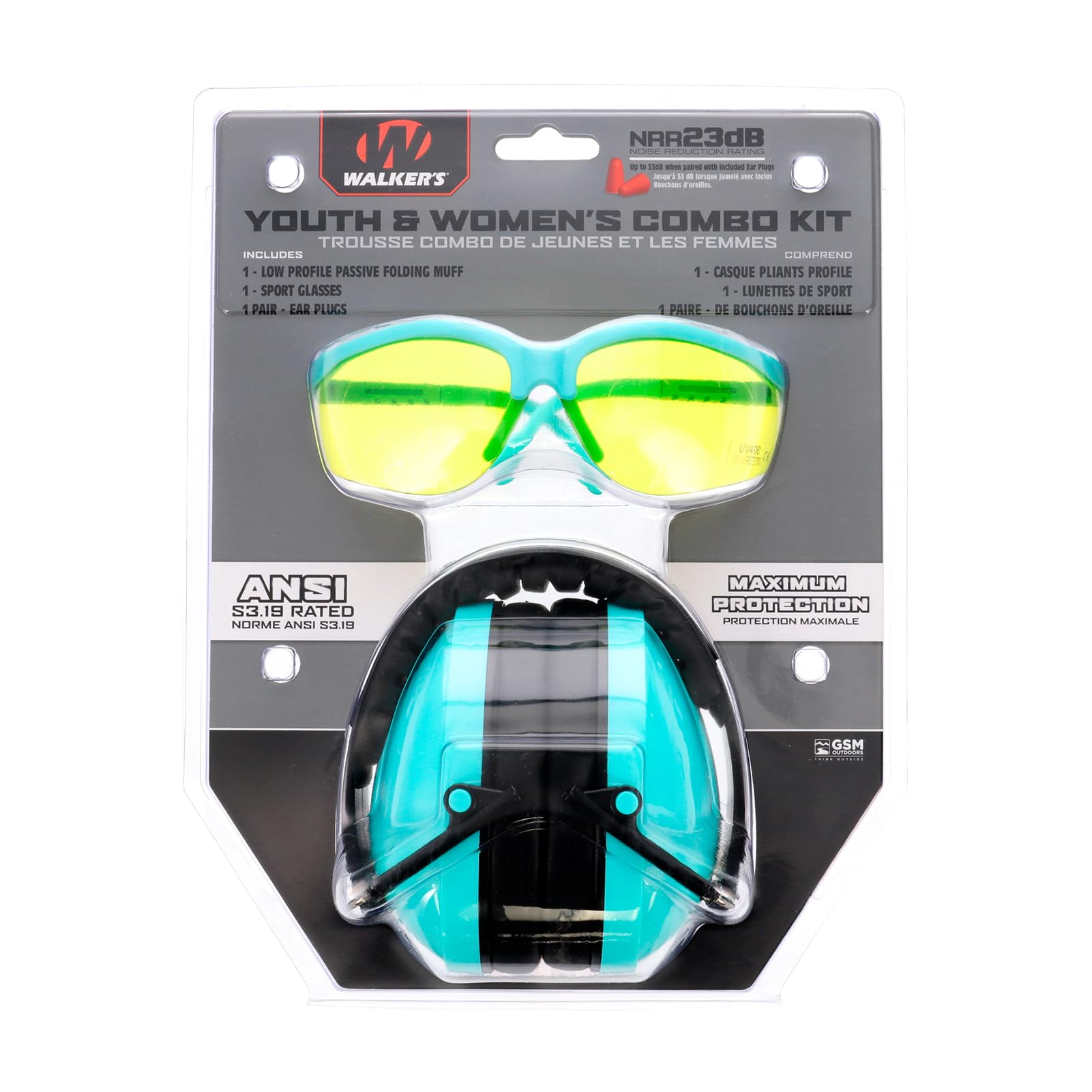 WALKER'S Low Profile Youth & Women's Folding Padded Headband Adjustable Hearing Protection Earmuffs, Teal Muff, Glasses & Plugs Combo