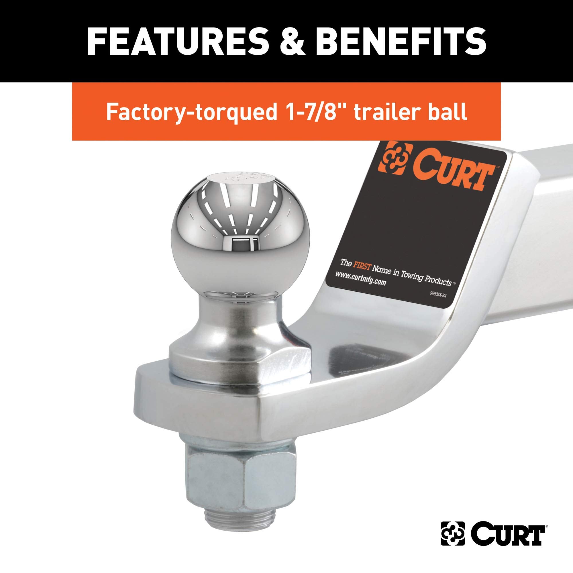 CURT Chrome Trailer Hitch Mount 45293 with 1-7/8-Inch Ball & Pin, Fits 2-Inch Receiver, 7,500 lbs, 2-In Drop